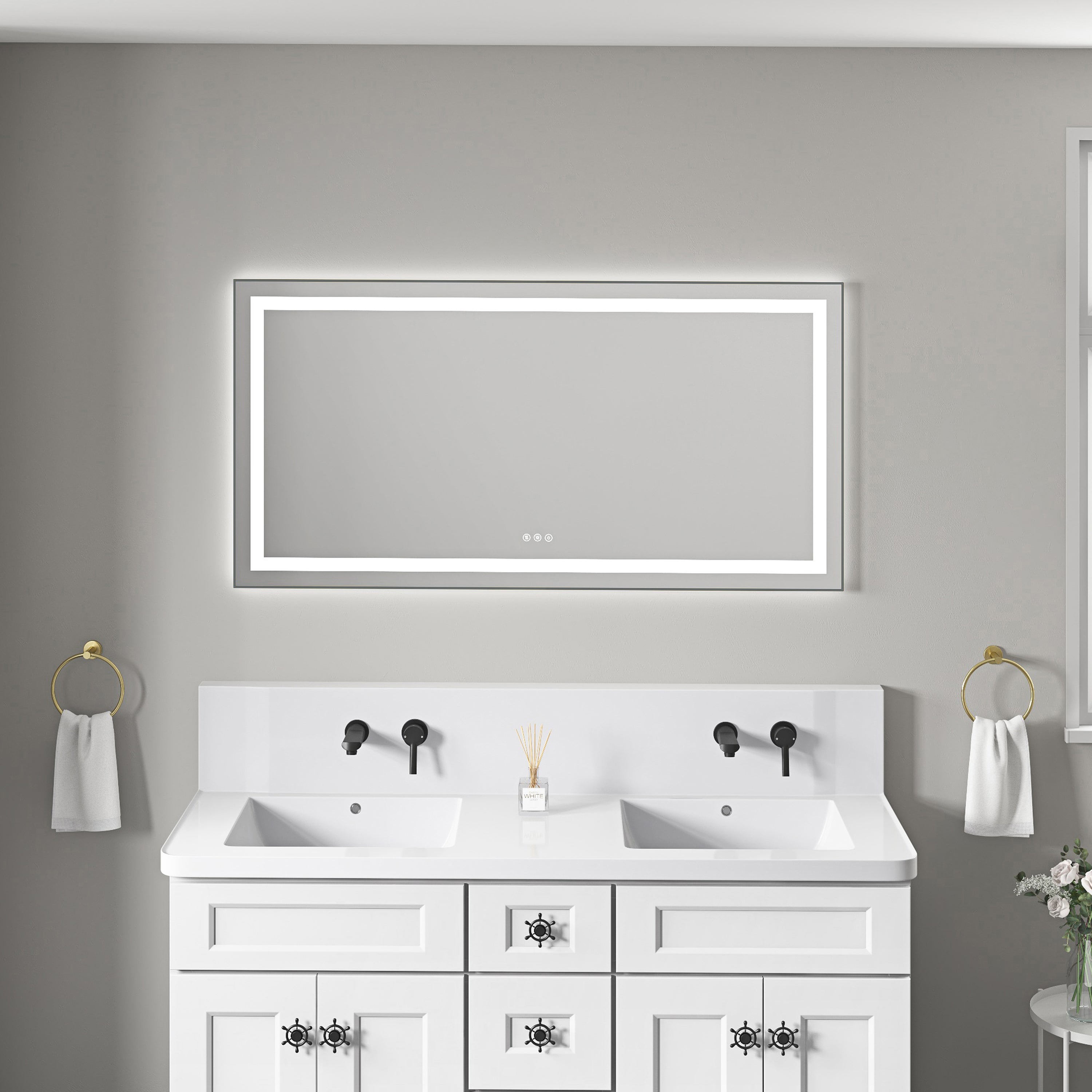 55 x 28 Inch LED Bathroom Mirror with Front and Backlight, Wall Mounted Vanity Mirror with Aluminum Frame, Anti-Fog, Memory, 3 Colors, Stepless Dimmable