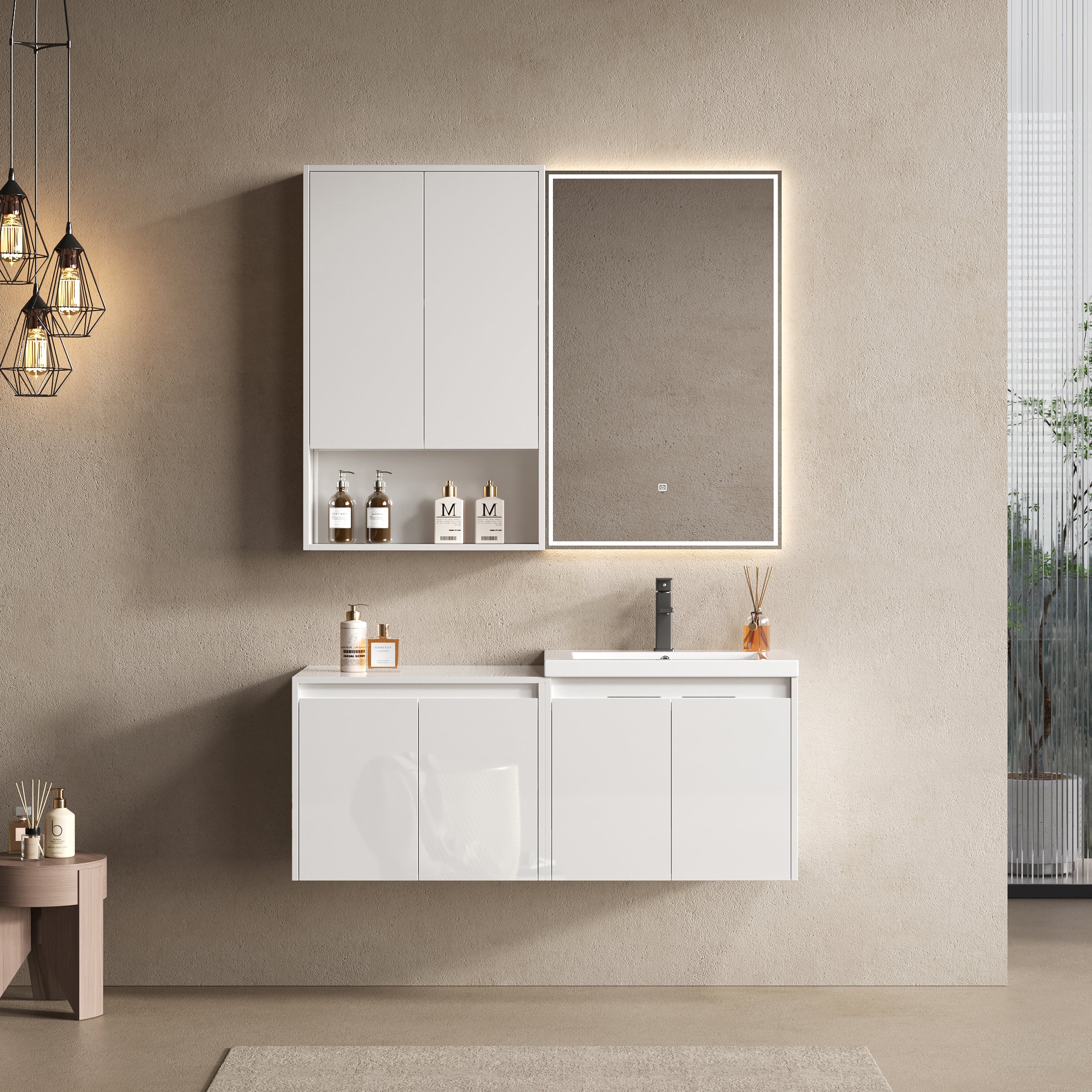48' Bathroom Vanity With Resin Sink, 1-Wall Cabinet and 1-Side Cabinet, Soft Close Doors, Float Mounting Design, Glossy White, Plywood(KD-Packing)