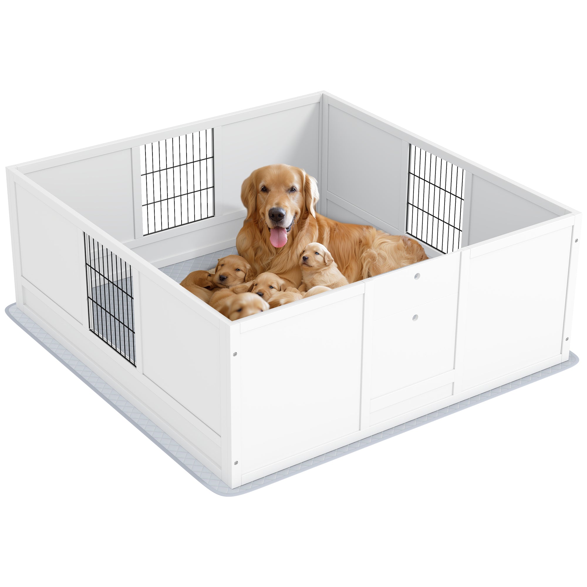 PawHut Whelping Box for Dogs and Puppies, Dog Whelping Box with Waterproof Pee Pad, Adjustable Height Door, for Large Dogs Indoor Use, 49' x 47' x 19'
