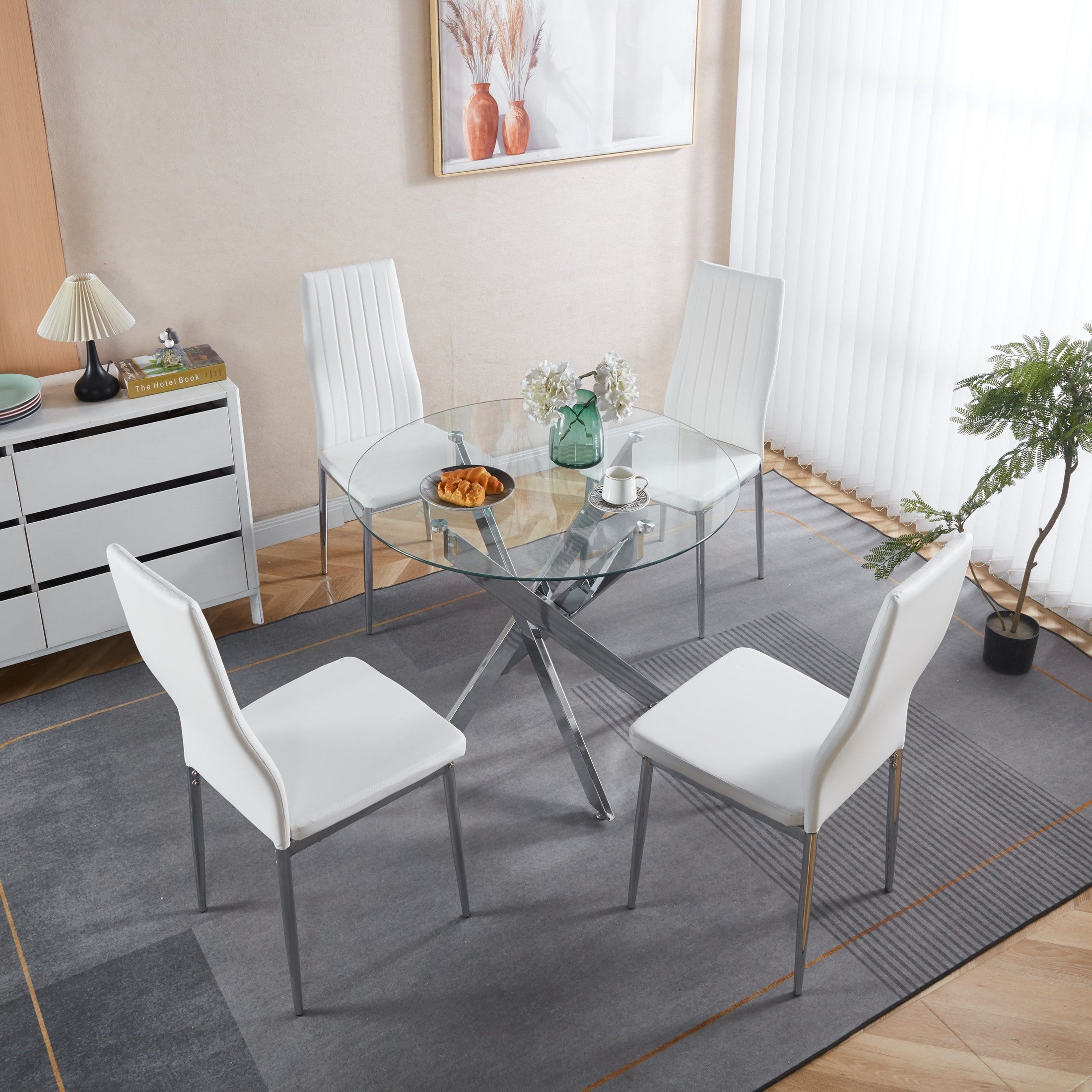 1+4,5pieces dining set, Table metal leg Mid-century Dining Table for 4-6 people With Glass  Table Top, Pedestal Dining Table, End Table Leisure Coffee Table.