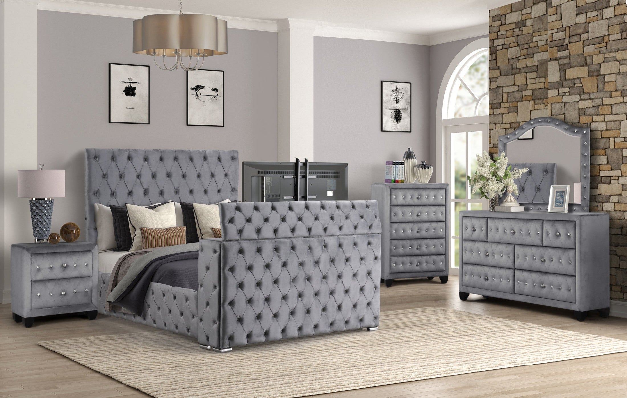 Encore Modern Style Tufted and Upholstered King 5PC Bedroom set made with wood in Gray(CA INVENTORY)