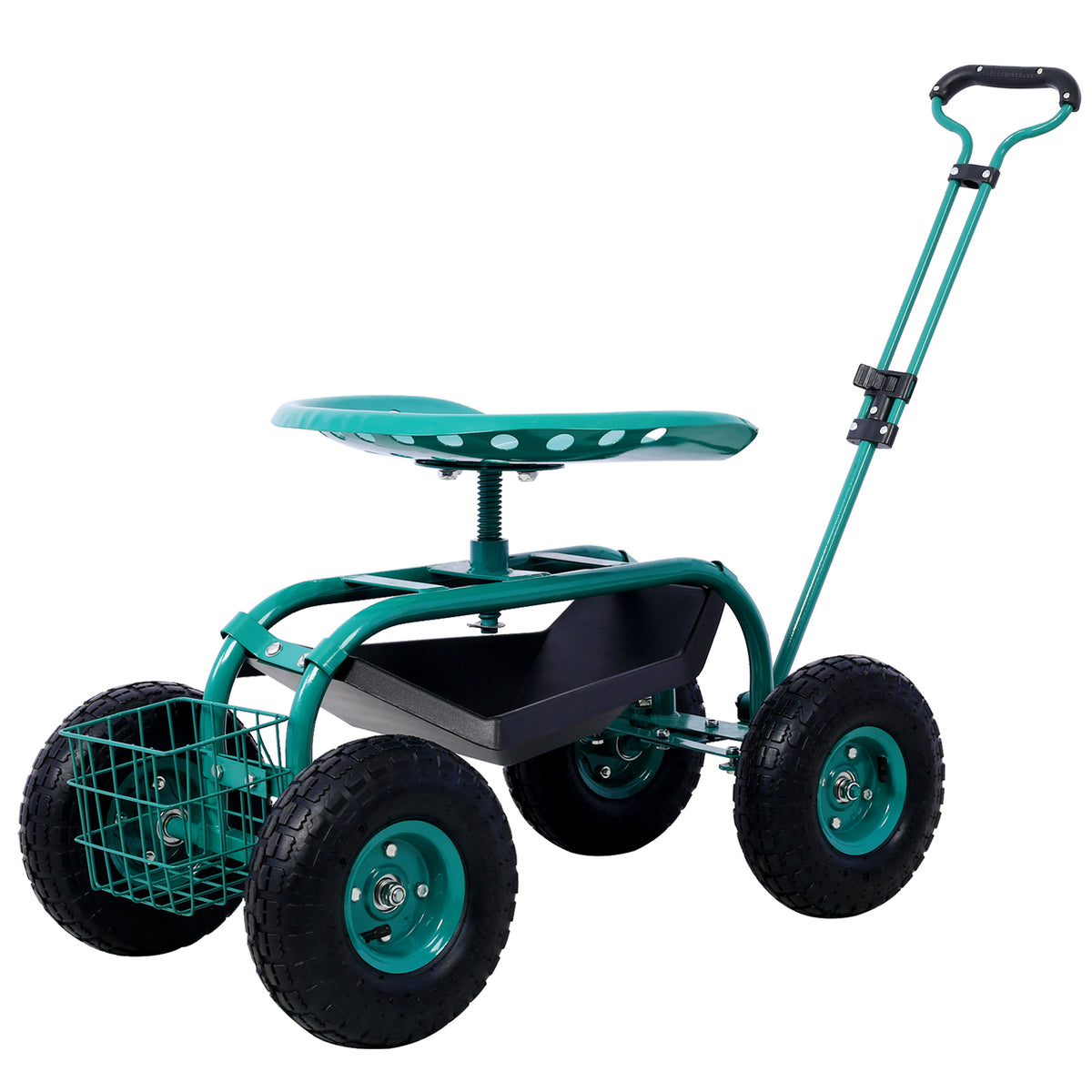 Green Rolling Garden Scooter Cart Seat with Wheels, 360 Swivel, Tool Tray, Steel Frame