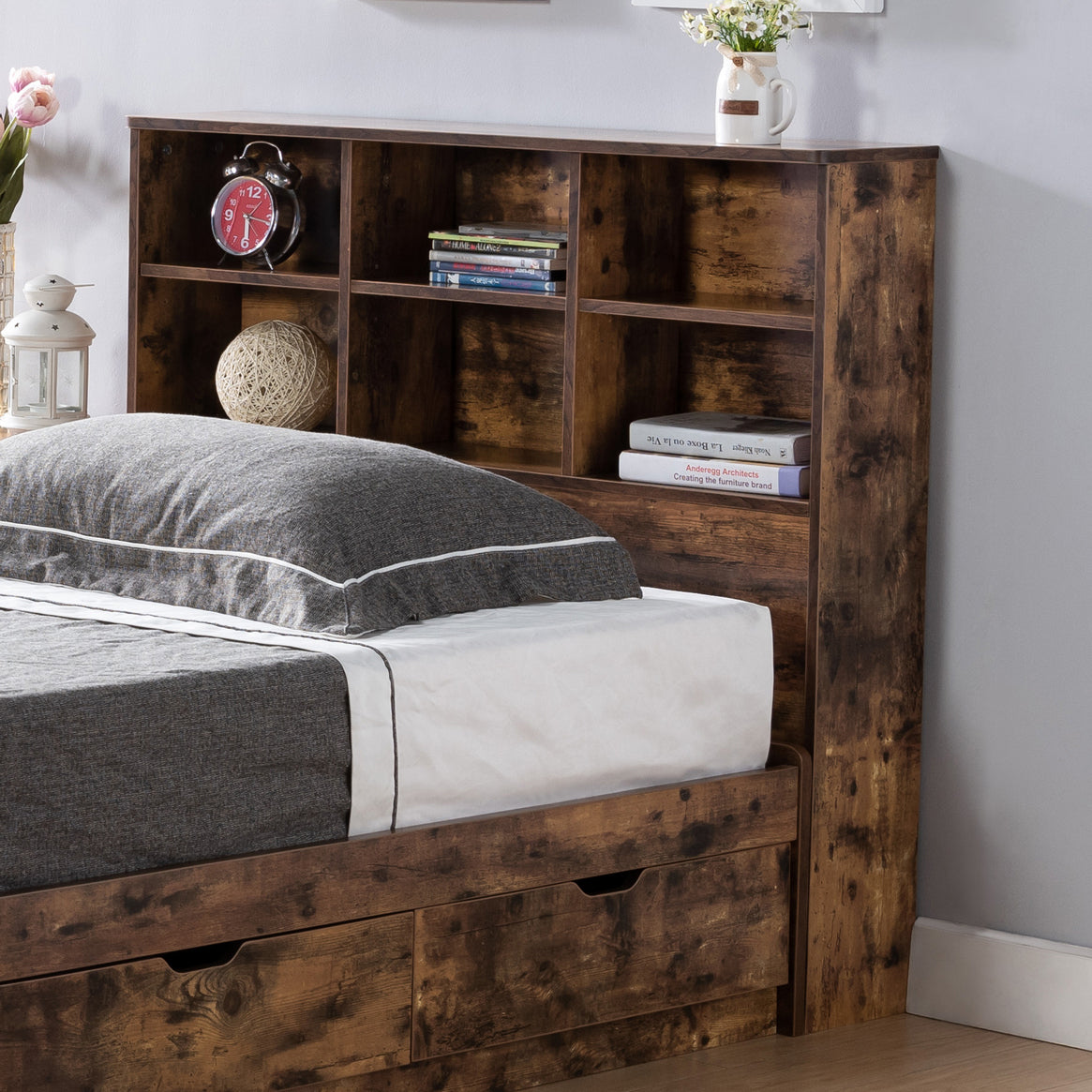 Twin bookcase headboard six shelves top with rounded front corners adjustable shelves distressed wood color