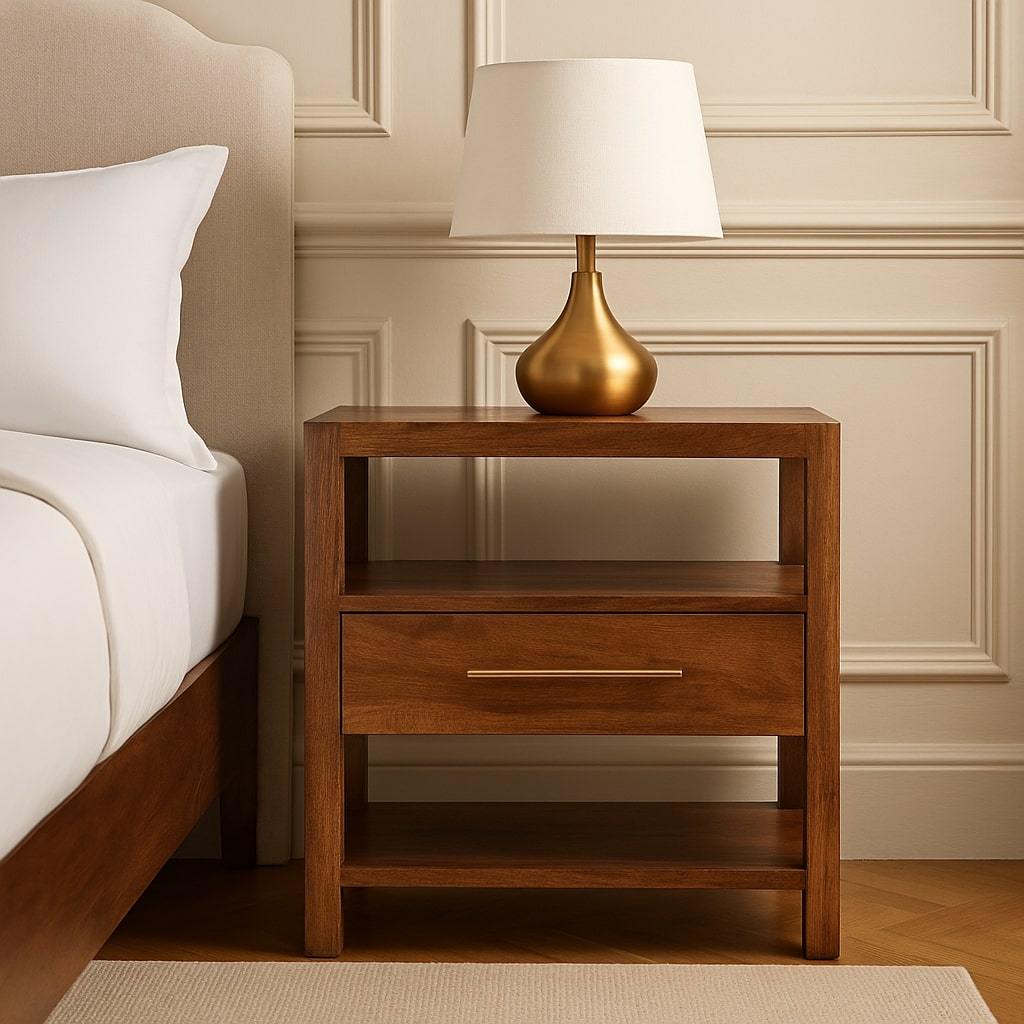 Solid Wood The Caldera Bedside Stand,Brown,1 Drawer & 1 Shelf