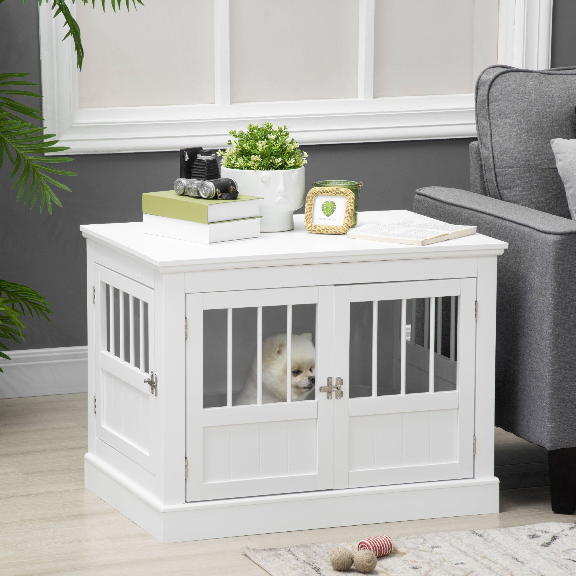 PawHut Dog Crate End Table with Triple Doors, Wooden Dog Crate Furniture Indoor Use, Puppy Crate with and Steel Tubes, for Small Dogs, White