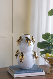 8.5x8.5x14' White Two-Tiered Ceramic Vase with Gold Bird Accents