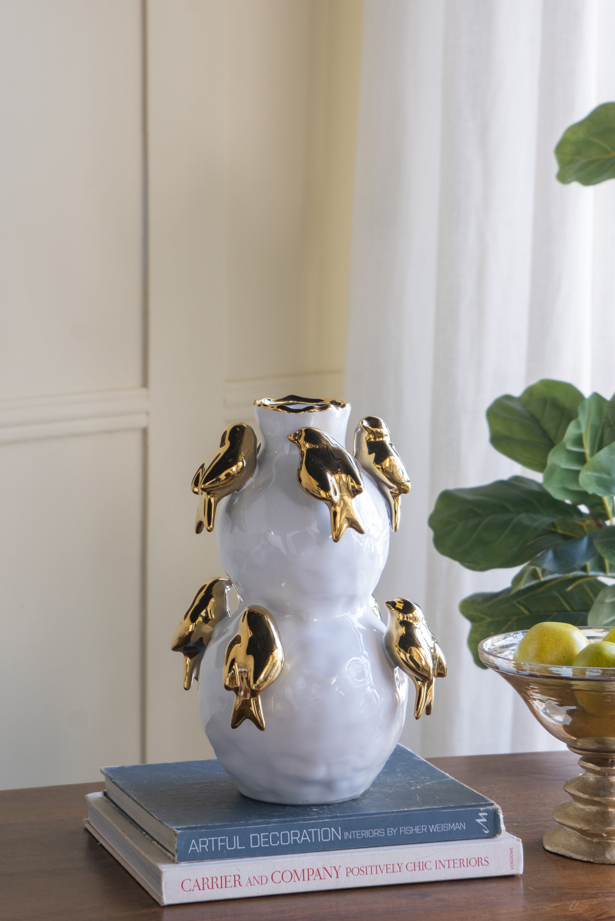 8.5x8.5x14' White Two-Tiered Ceramic Vase with Gold Bird Accents