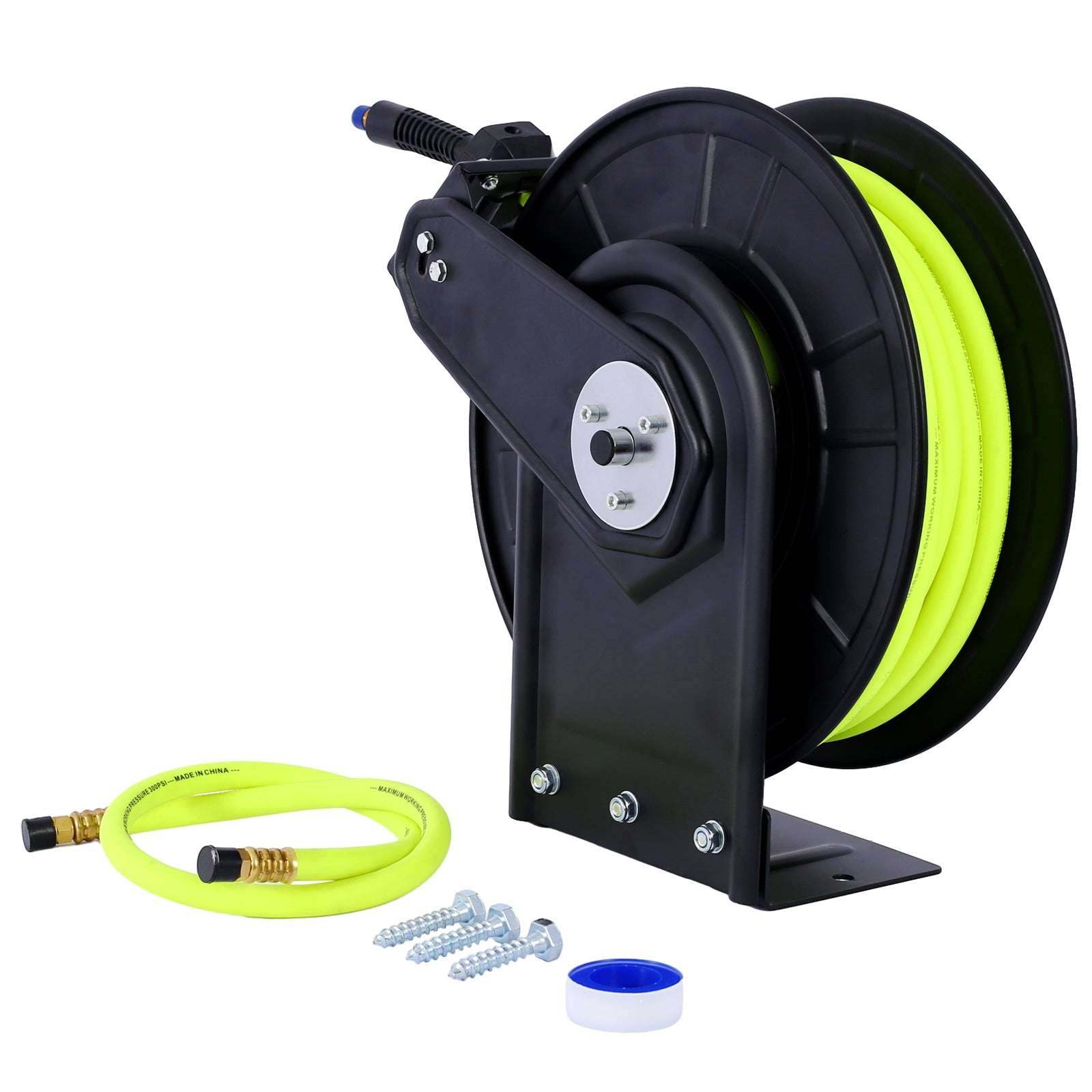 Retractable Air Hose Reel With 3/8' Inch x 50' Ft,Heavy Duty Steel Hose Reel Auto Rewind Pneumatic,Industrial Grade Rubber Hose,300 PSI,Black
