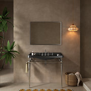 VICI 36' Bathroom Console Sink, Wall-Mounted Black Ceramic Vanity Basin with 3 Pre-drilled Faucet Holes, Freestanding Stainless Steel Support Legs with Towel Bar, No Faucet, Chrome Color