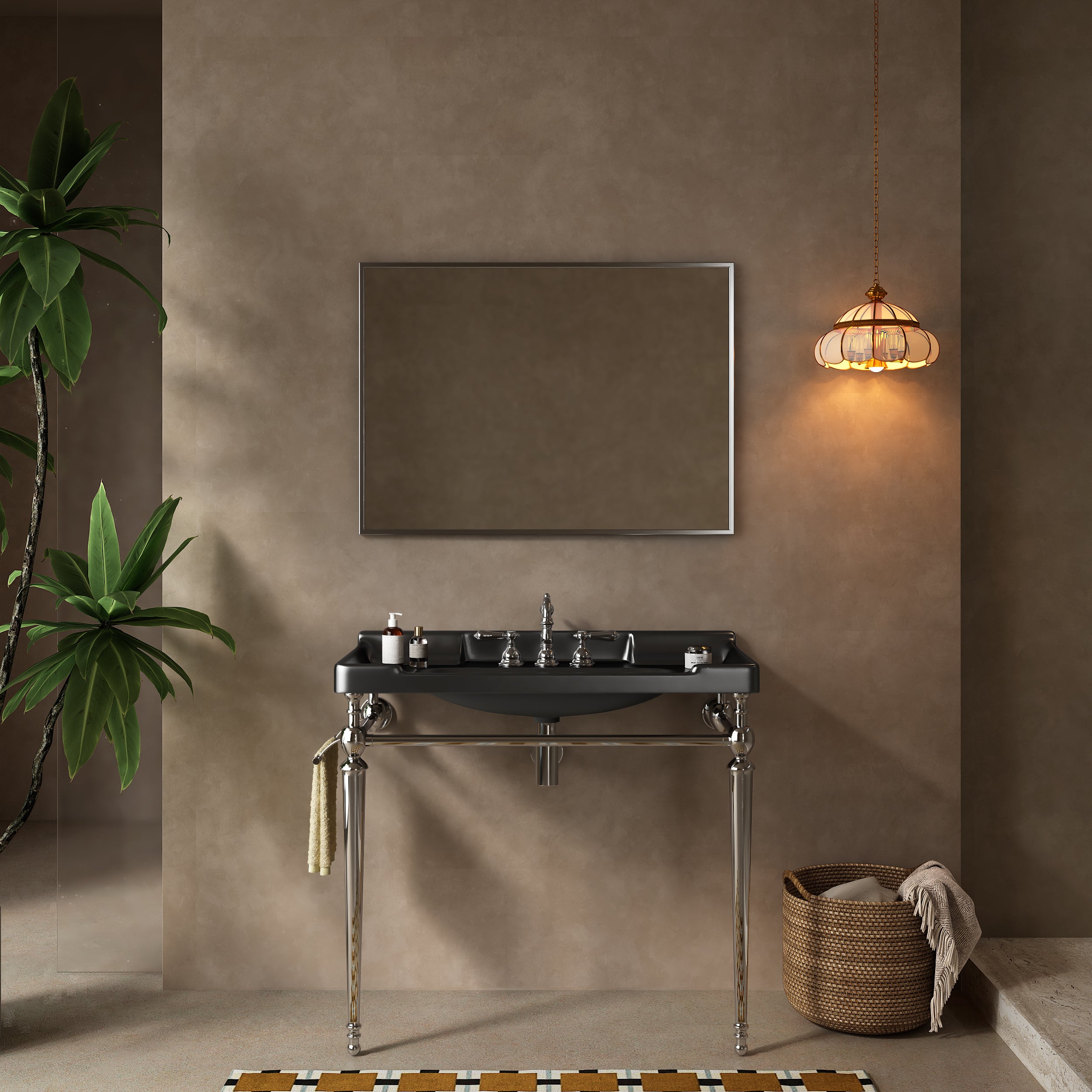 VICI 36' Bathroom Console Sink, Wall-Mounted Black Ceramic Vanity Basin with 3 Pre-drilled Faucet Holes, Freestanding Stainless Steel Support Legs with Towel Bar, No Faucet, Chrome Color