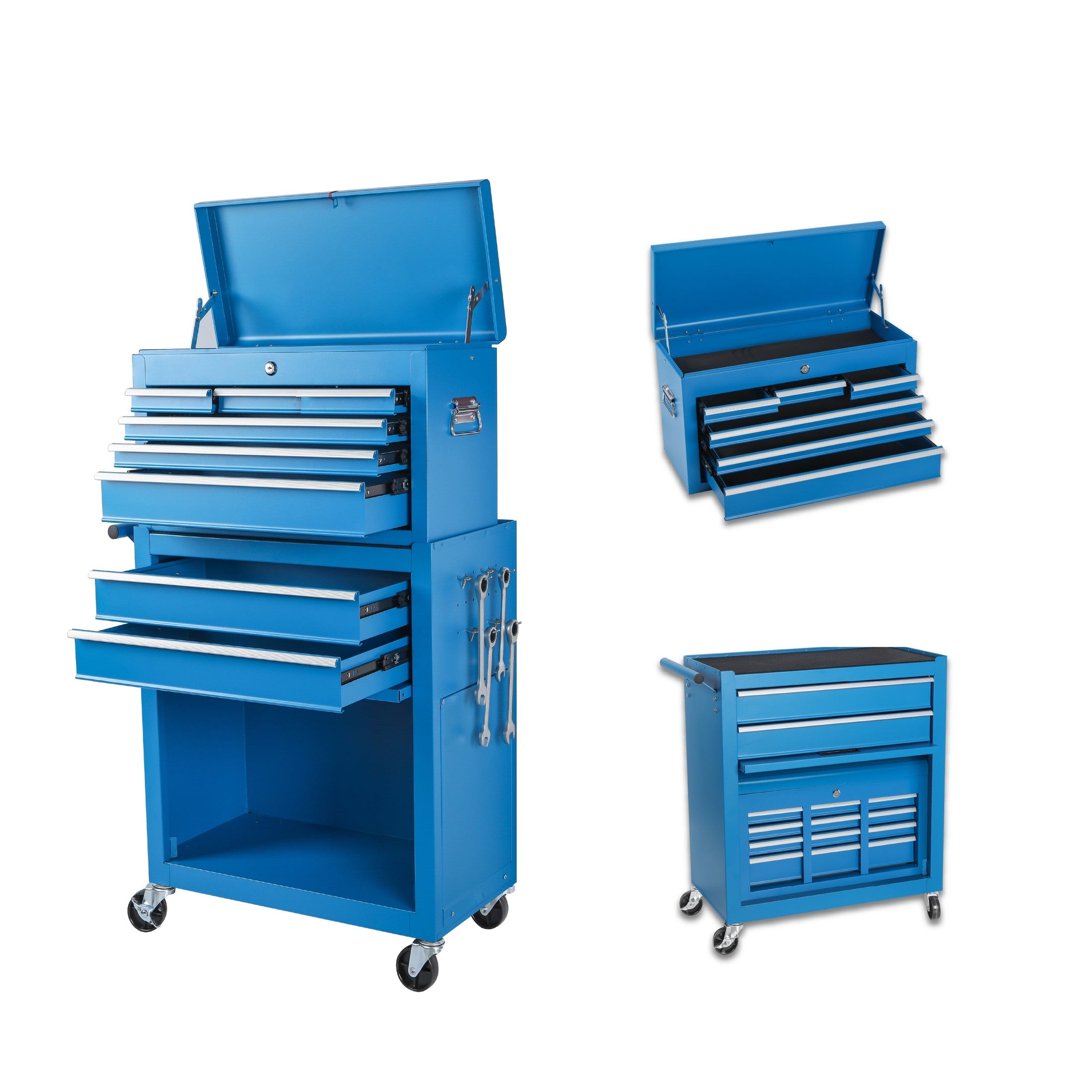 8-Drawer Rolling Tool Chest with 2 in 1 Detachable Top Box, Lockable Wheels, Liners, and Side Hooks - Metal Tool Cabinet for Garage