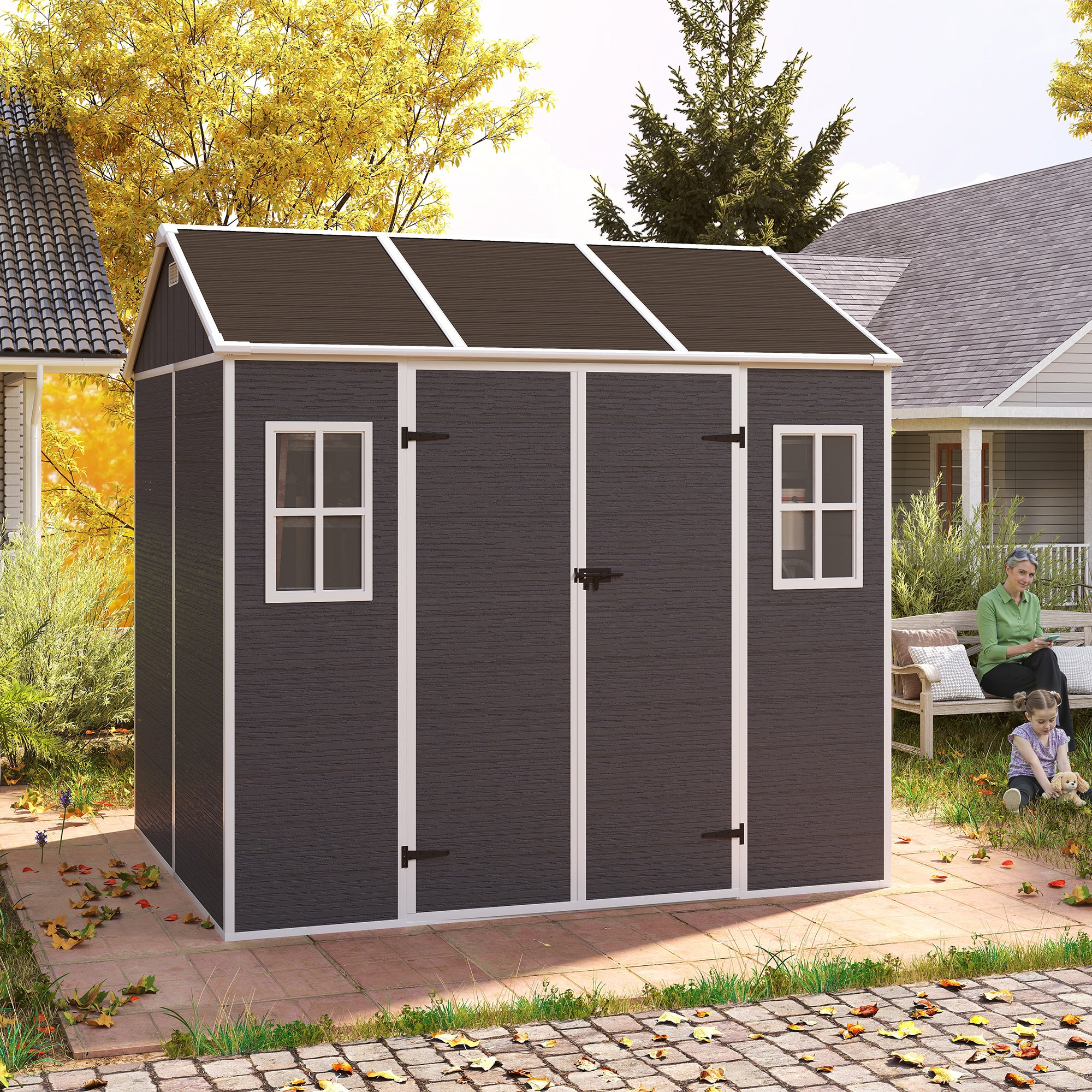 8*7ft Outdoor Storage Shed, Outdoor Resin Shed with Two-Window and Double-Door, Plastic Shed with Floor for Garden, Patio, Yard, Lawn (Dark Gray)