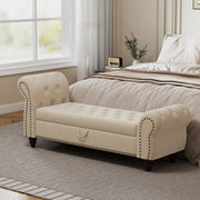 64.5' Bed Bench for Bed Room Nails Tufted Chaise of Lounge with Storage Velvet Upholstery Beige