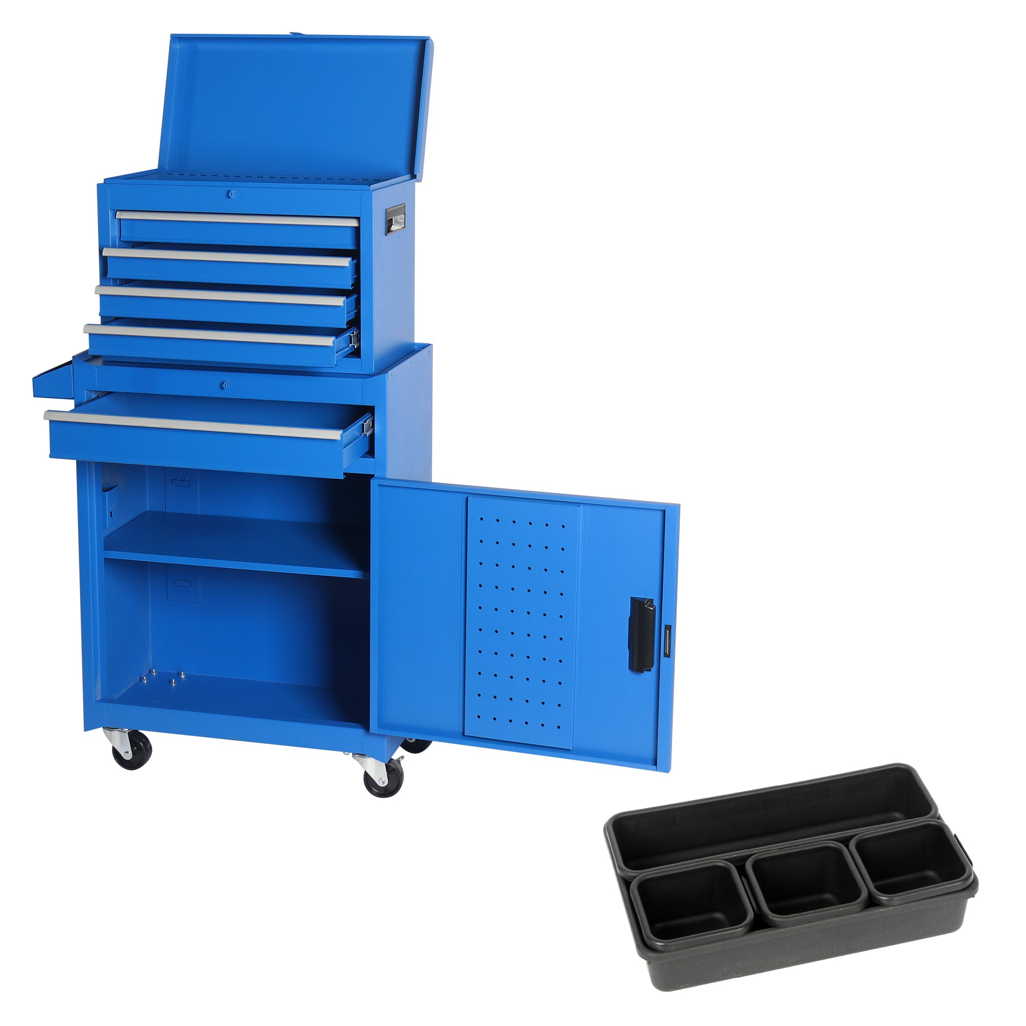 Tool Chest, 5-Drawer Rolling Tool Storage Cabinet with Detachable Top Tool Box, Liner, Universal Lockable Wheels, Adjustable Shelf, Locking Mechanism, Metal Tool Cart ,with 5pcs plastic tool tray