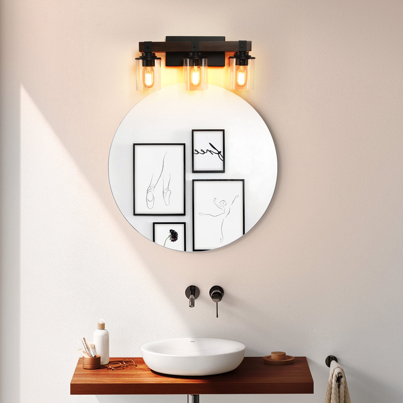 19' Rustic 3-Light Vanity Light, Industrial Bathroom Wall Sconce with Glass Shades and Wood Accent, Modern Farmhouse Lighting Fixture (No Bulbs)