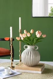 9x9x10' Decorative Round Ceramic Flower Vase with Small Handles and Textured Motif, Gold