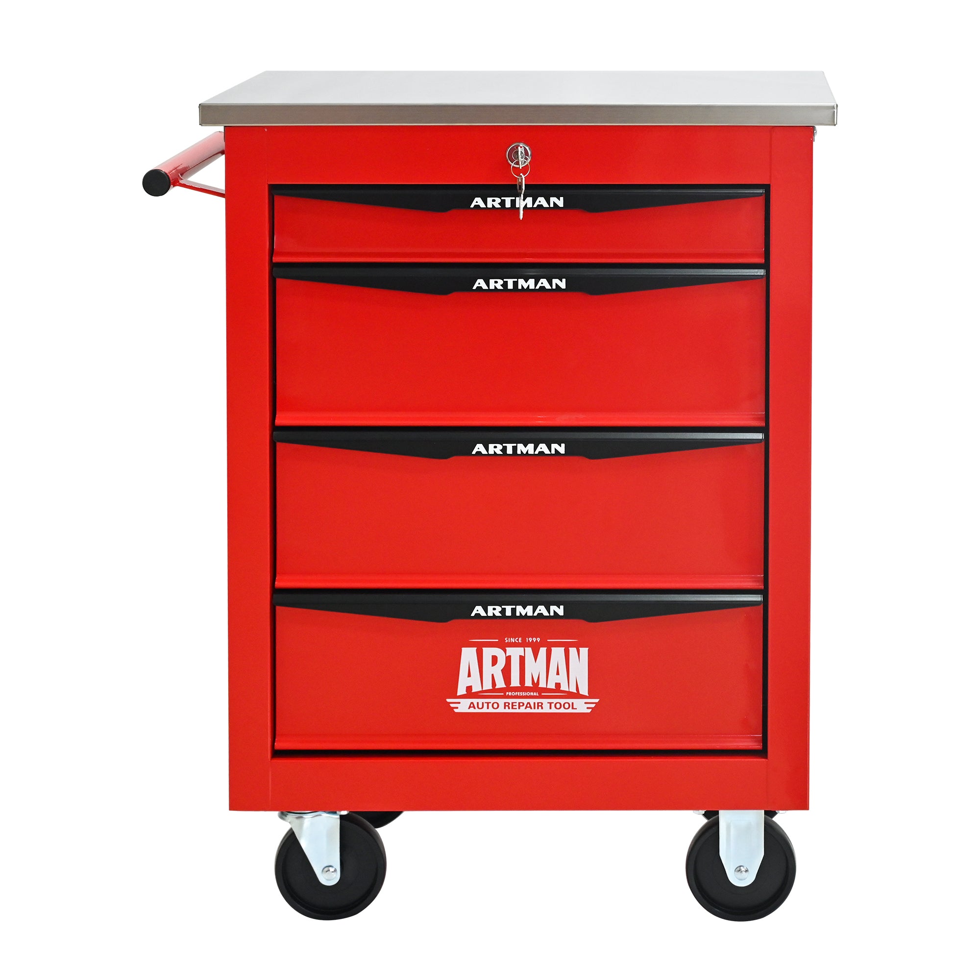 4 Drawers Multifunctional Tool Cart with Wheels,Metal Rolling Tool Cart Storage for Garage Workshop Warehouse Repair Shop--With  Stainless Steel Roof- Red&Black