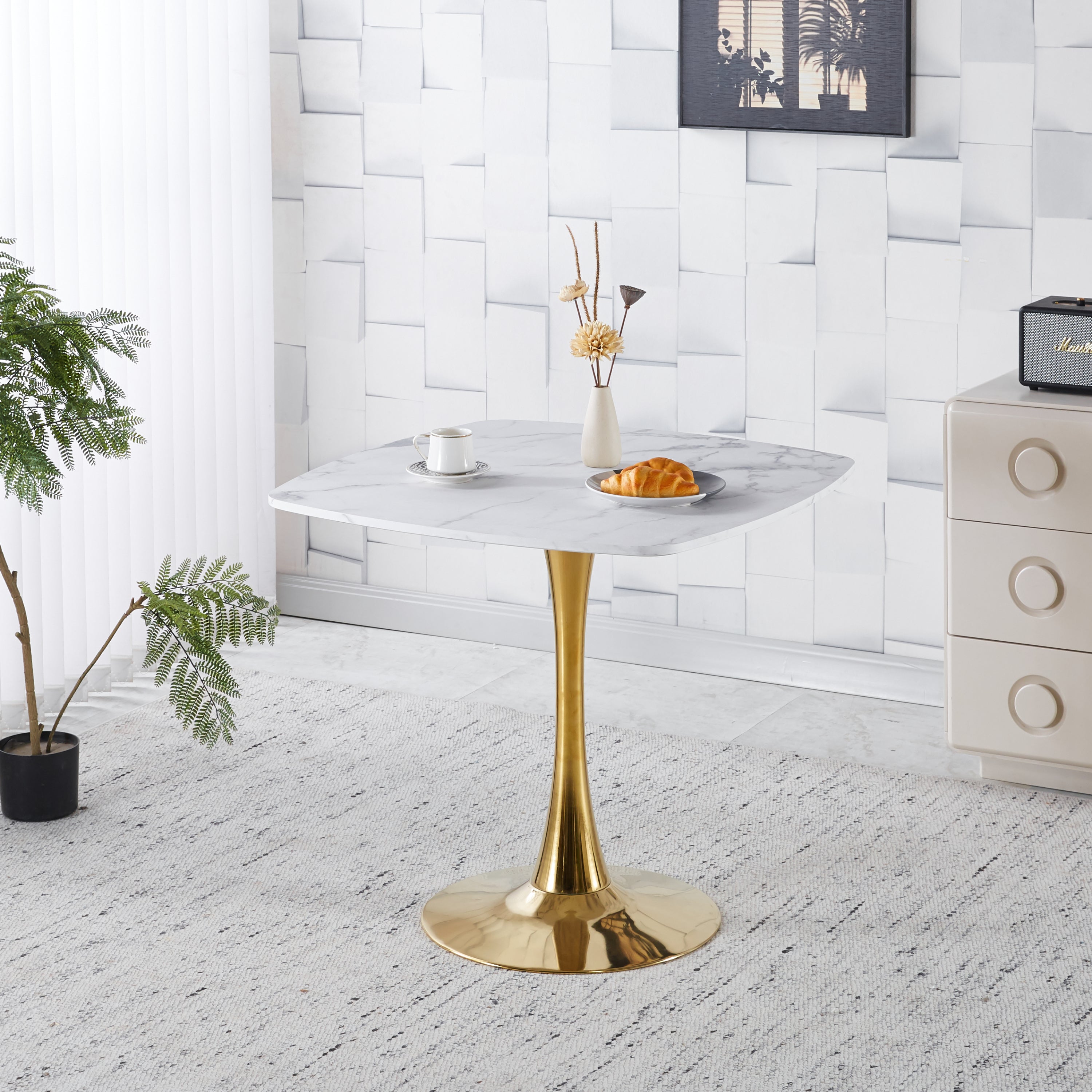 31.5'SquareTulip Dining Table for 2-4 Persons Modern Mid-Century Kitchen Table with White MDF Top&Golden Metal Pedestal Base Small Space Leisure Table for Living Room Apartment Bistro Cafe (White&Gold