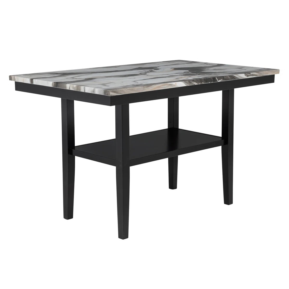 60' Counter Dining Table with Storage Bottom Shelf, Marble Finish Wood Top Table for Kitchen Dining Room, Black