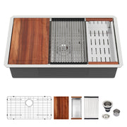 30' Undermount Kitchen Sink 16 Gauge Stainless Steel Ledge Workstation in Brushed Nickel