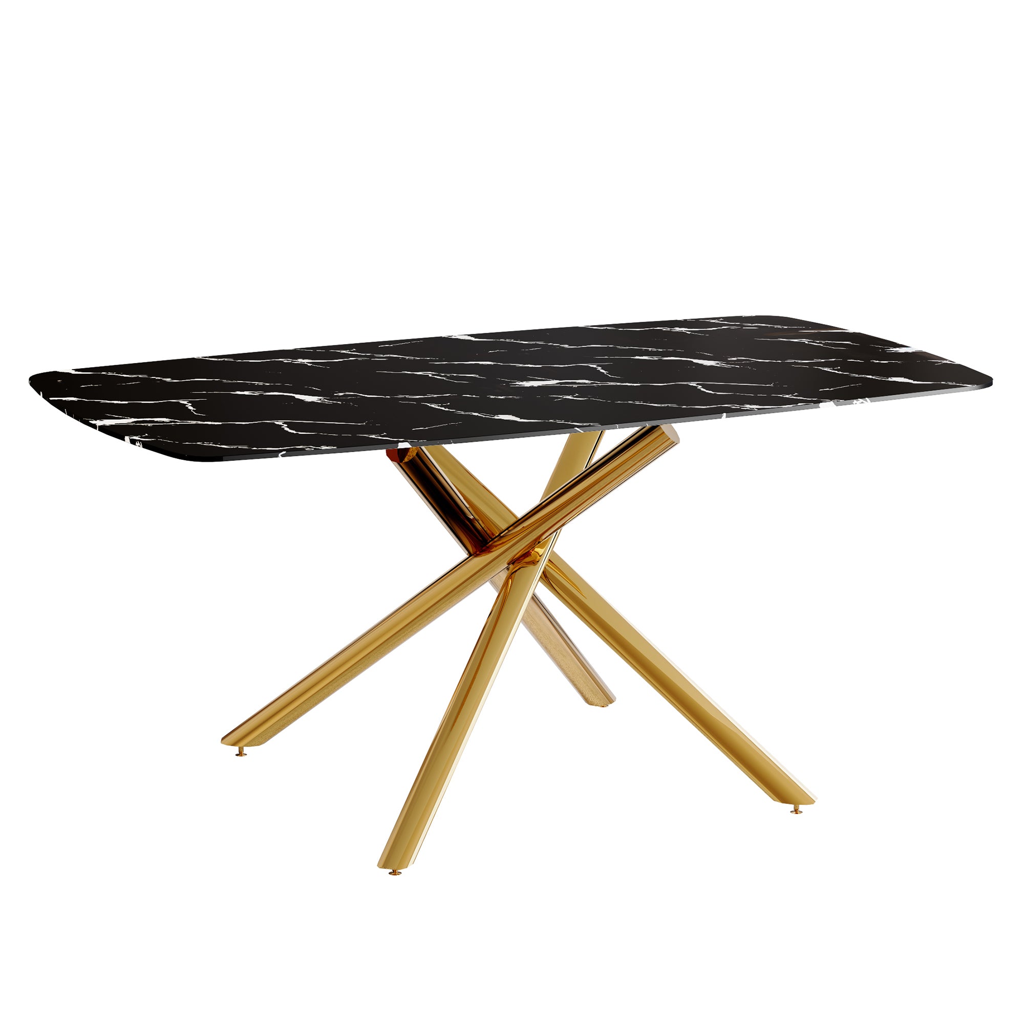 Luxurious Black Marble-Patterned Dining Table with Golden Metal Fork Legs, Tempered Glass Top, 63'x35.4'