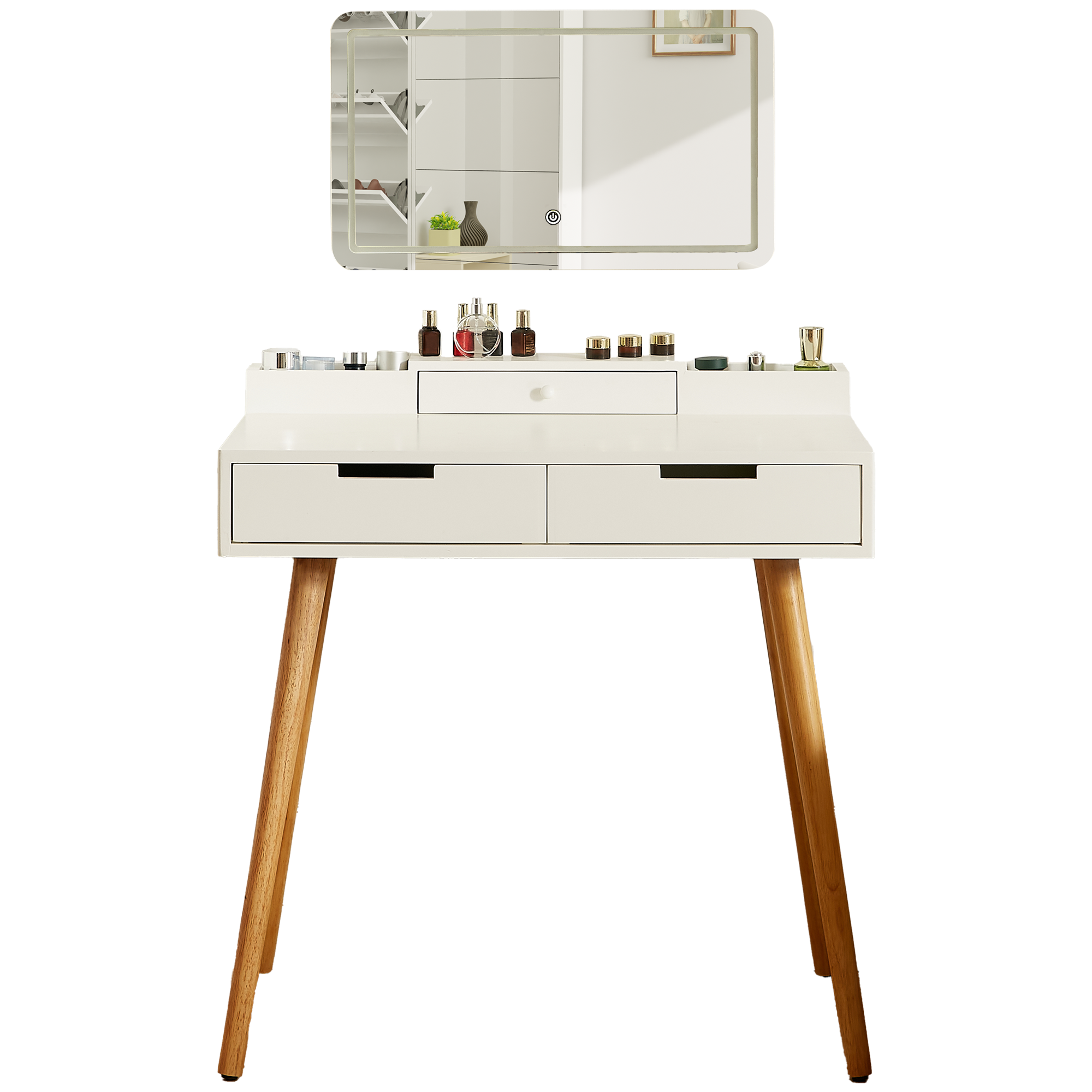 Makeup Vanity Desk with Removable Mirror and Lights, 3 Color Modes & Adjustable Brightness Dressing Table, Small Vanity Table Set with 2 Drawers for Bedroom, white 31.5'