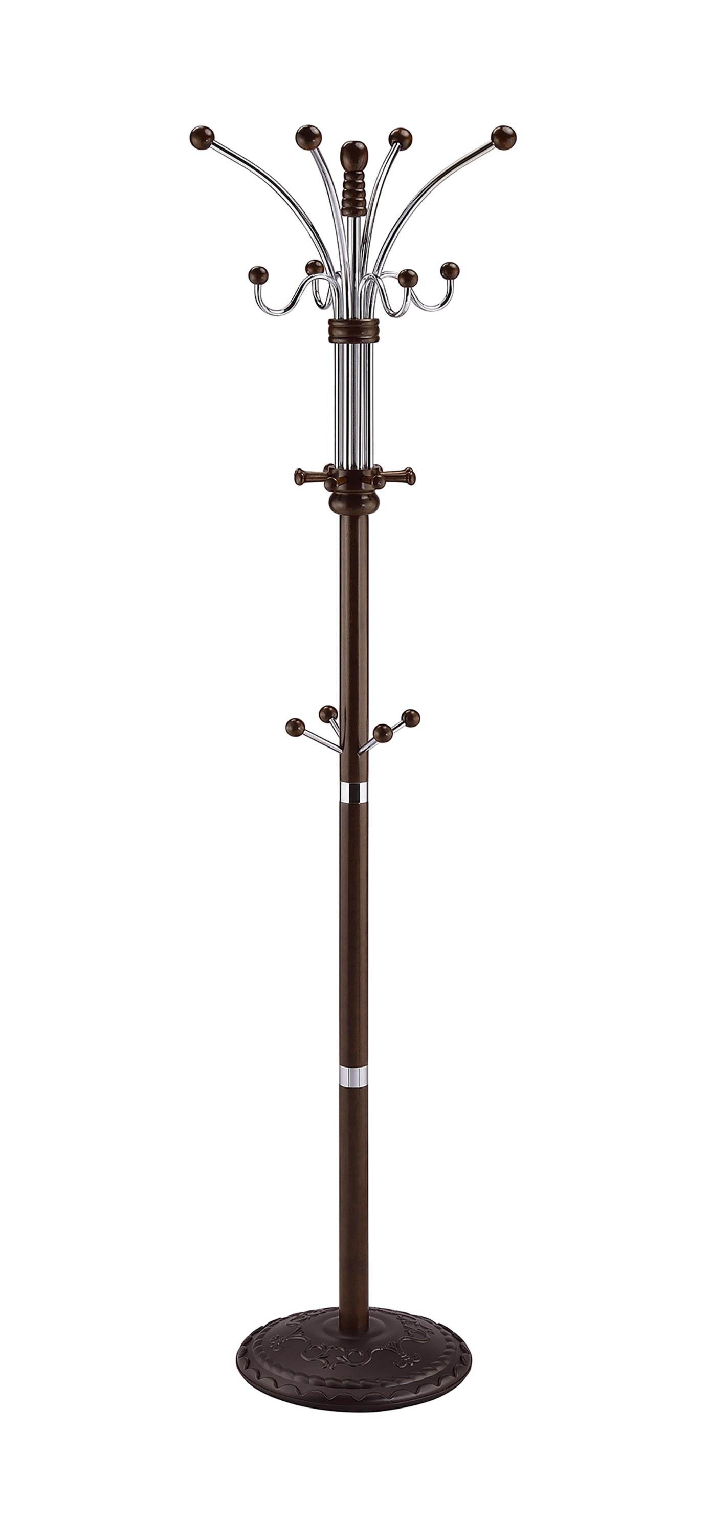 73' Tall Chrome and Wood Coat Rack, Espresso finish