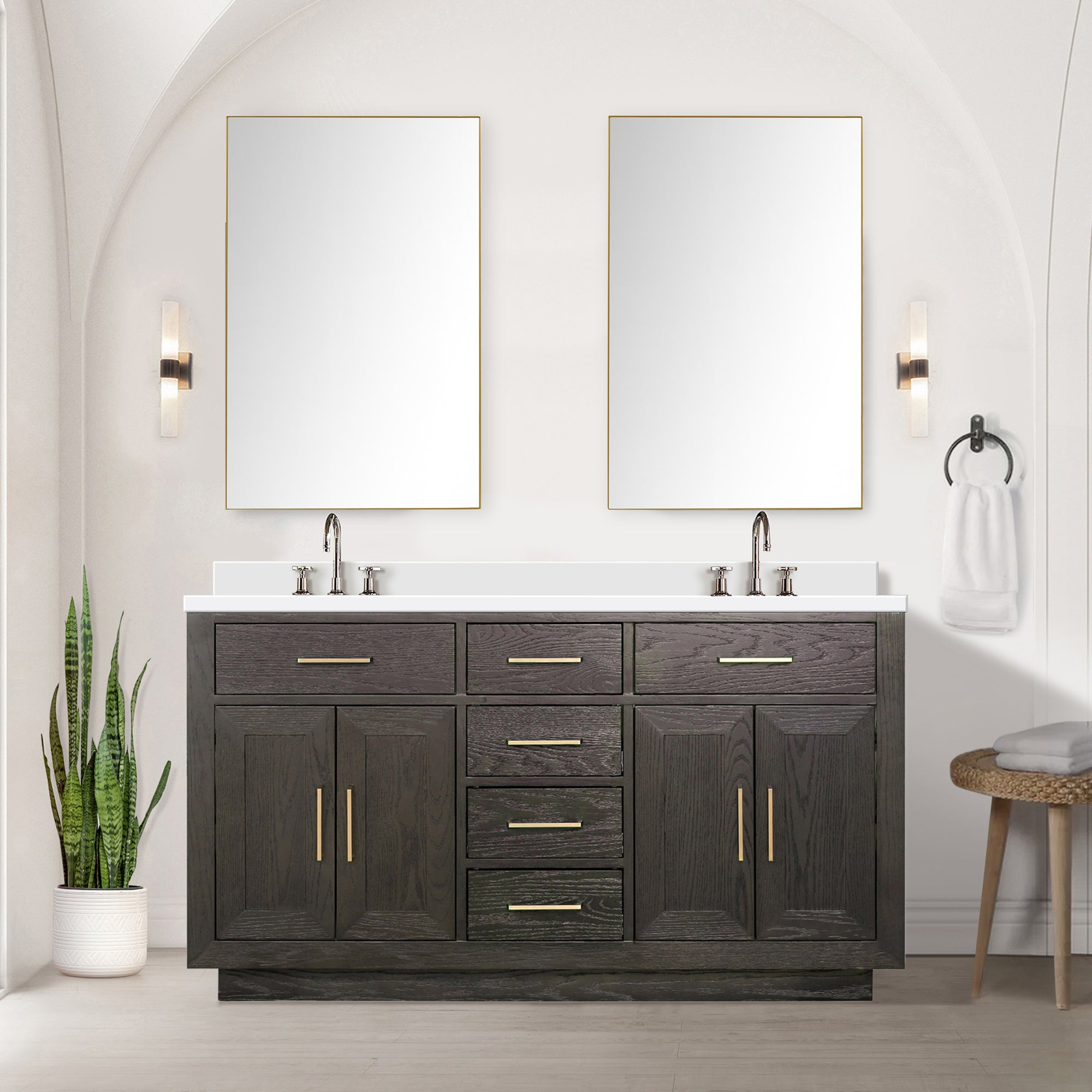Brown Oak Double Bath Vanity 60 in. W x 22 in. D, with Cultured Marble Top