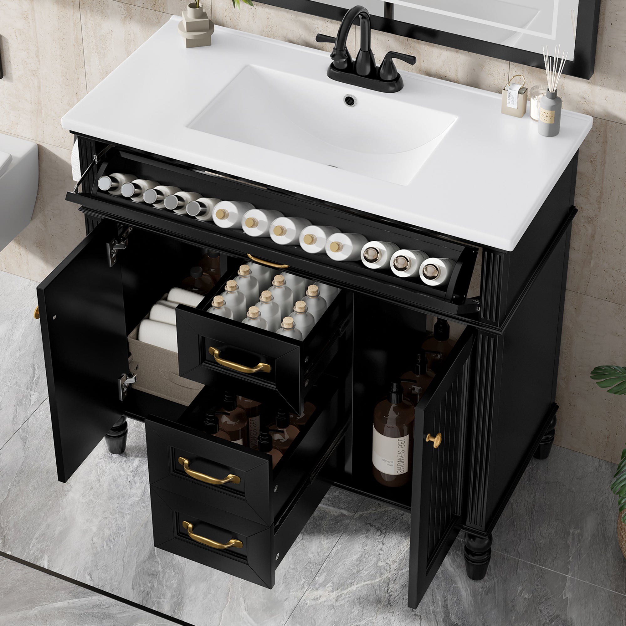 36 Inch Bathroom Vanity with Sink Combo, Black Freestanding Cabinet with Ceramic Basin, MDF + Solid Wood Frame, Flip-Out Top Drawer, Soft Close Doors, 2 Storage Drawers, Golden Handles