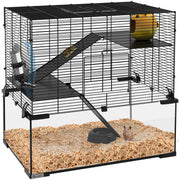 PawHut Hamster Cage, 23.5' Gerbil Cage with Glass Basin, Ramps, Platforms, Hut, Exercise Wheel, for Small Hamsters, Black