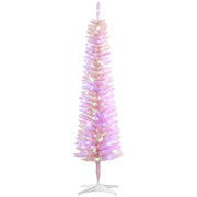 HOMCOM 5ft Tall Pencil Prelit Artificial Christmas Tree Holiday Décor with 250 Colorful Surface Branches, 150 Colorful LED Lights, Pink
