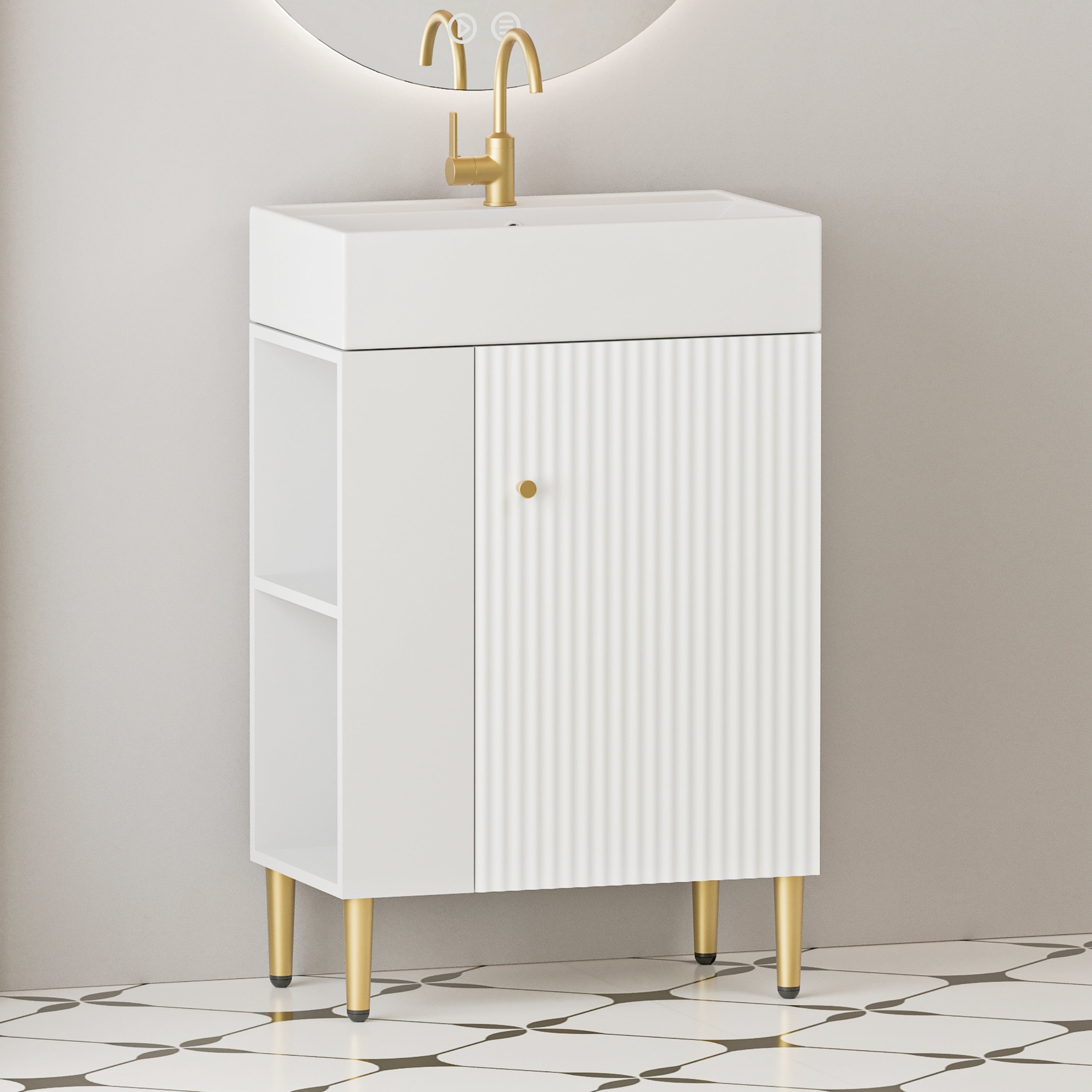 21.6' Open-shelving Bathroom Vanity with Ceramic Sink and Soft-Closing Door, Cloakroom Open Shelf Storage Cabinet on the Left Side, Assembly Required, White 24VB06-21WHL***CONTACT SELLER FOR STOCK***