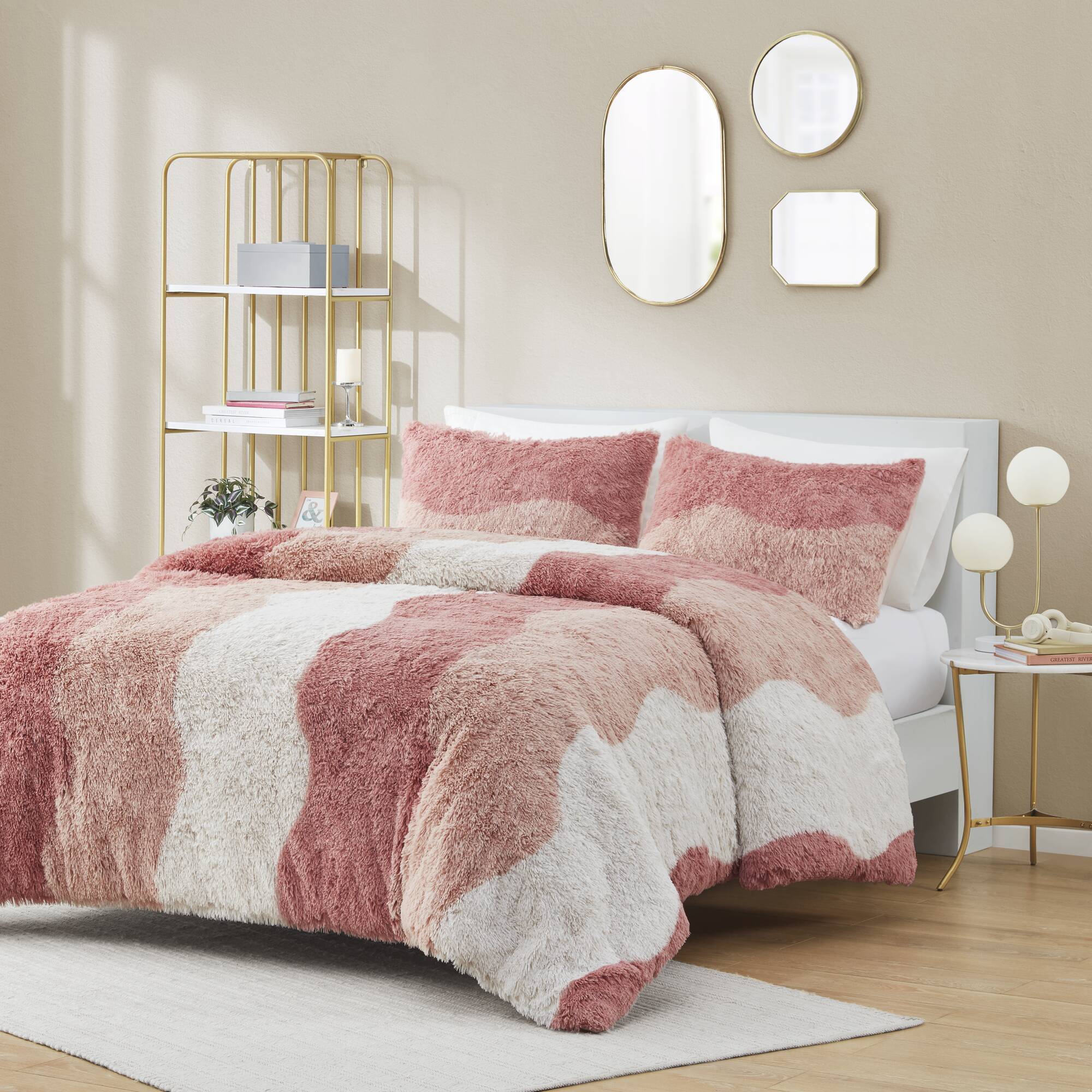3 PCS King/Cal King Ombre Shaggy Faux Fur Duvet Cover Set Blush Multi