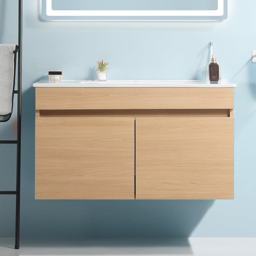36 Inch Wall Mounted Bathroom Vanity with White Ceramic Basin,Two Soft  Close Cabinet Doors, Solid Wood,Excluding faucets,Light Oak