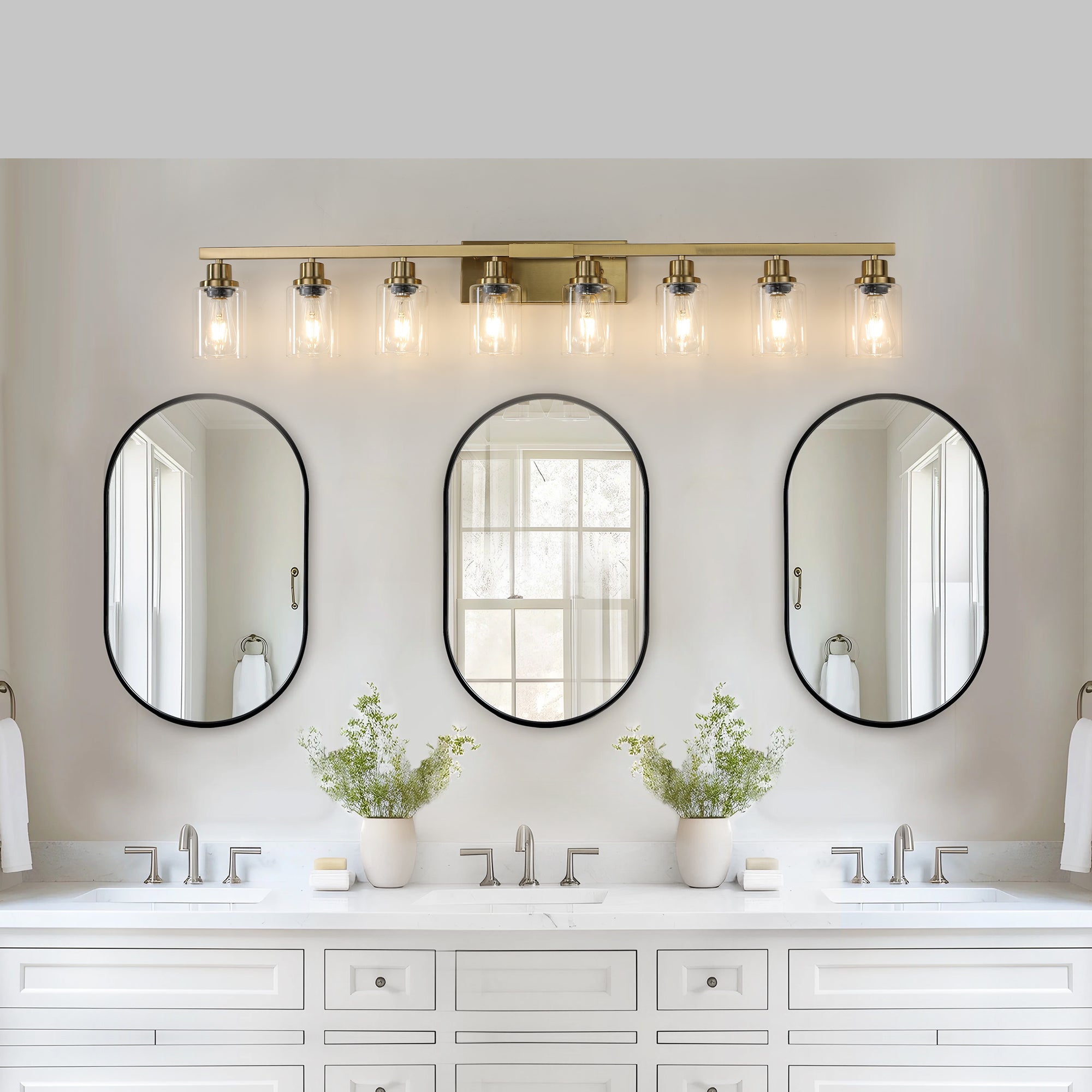 51' Golden 8-Light Vanity Light with Clear Glass Shades, Modern Iron Metal Bathroom Wall Fixture for Mirror, Ideal for Bathroom and Dressing Table (No Bulbs)