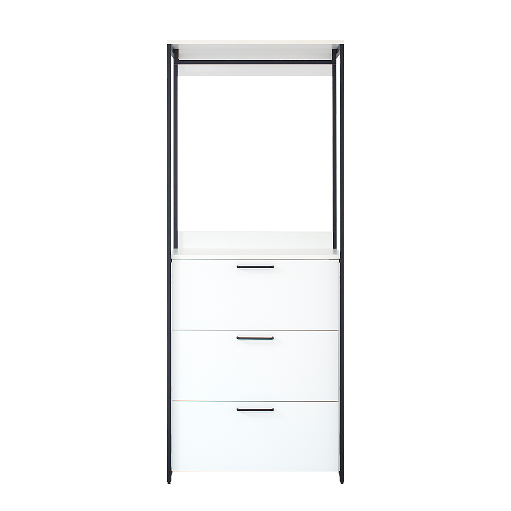 Fiona Contemporary Wood and Metal Walk-in Closet with Three Drawers in White Melamine