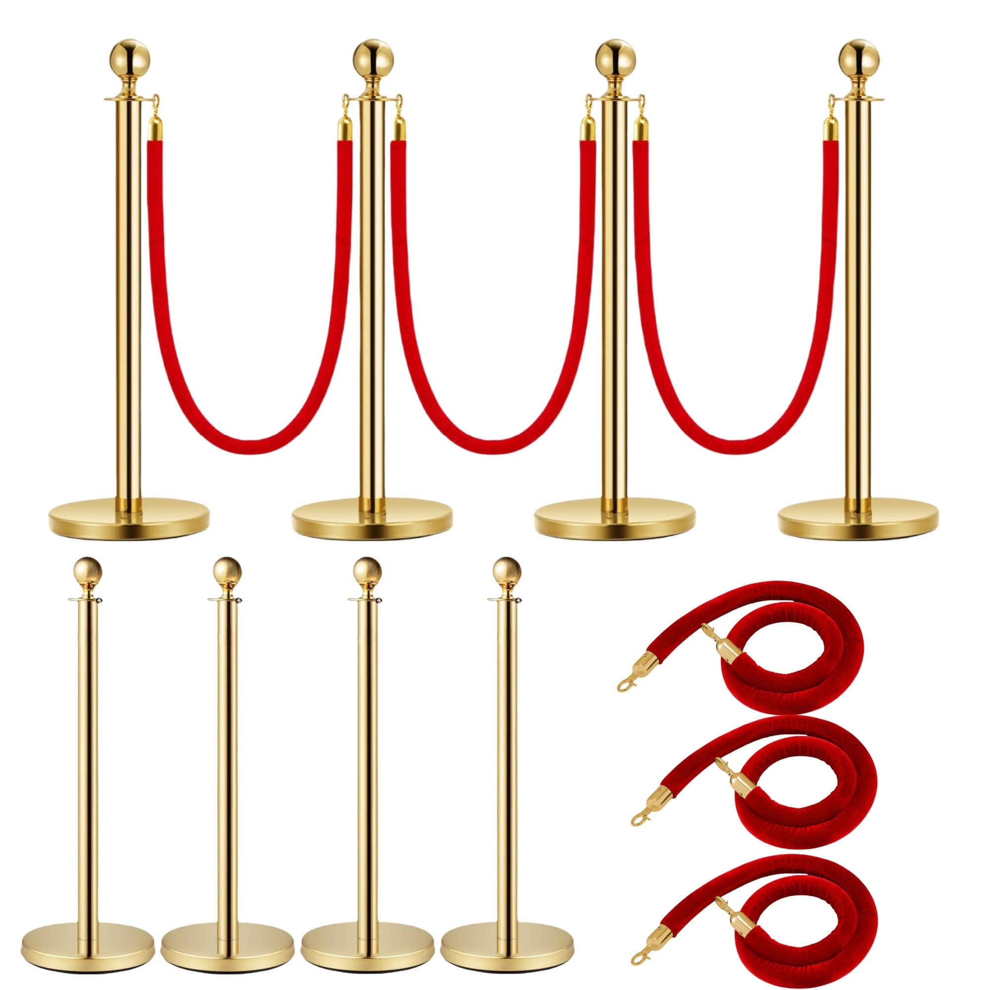Velvet Ropes and Posts, 5 ft/1.5 m Red Rope, Stainless Steel Gold Stanchion with Ball Top, Red Crowd Control Barrier Used for Theaters, Party, Wedding, Exhibition, Ticket Offices 4 packSets