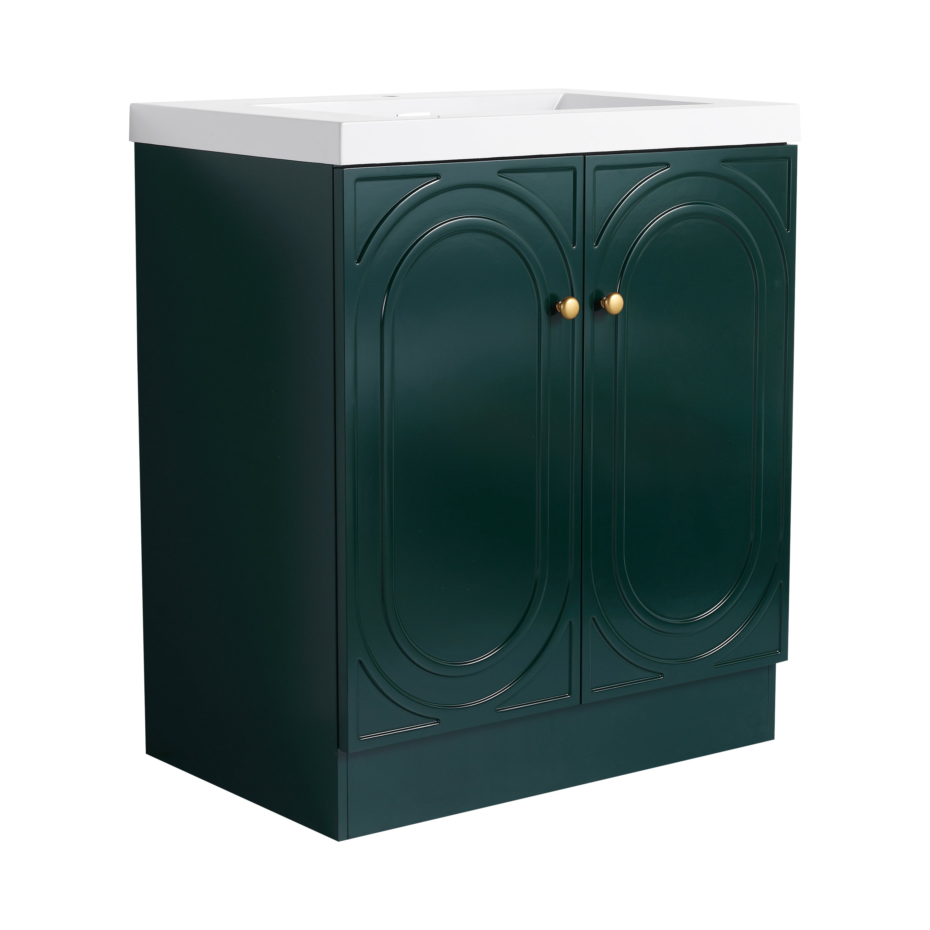 Contemporary 30' Freestanding Bathroom Vanity with White Resin Sink & Soft-Close Cabinet Doors, Dark Green Plywood
