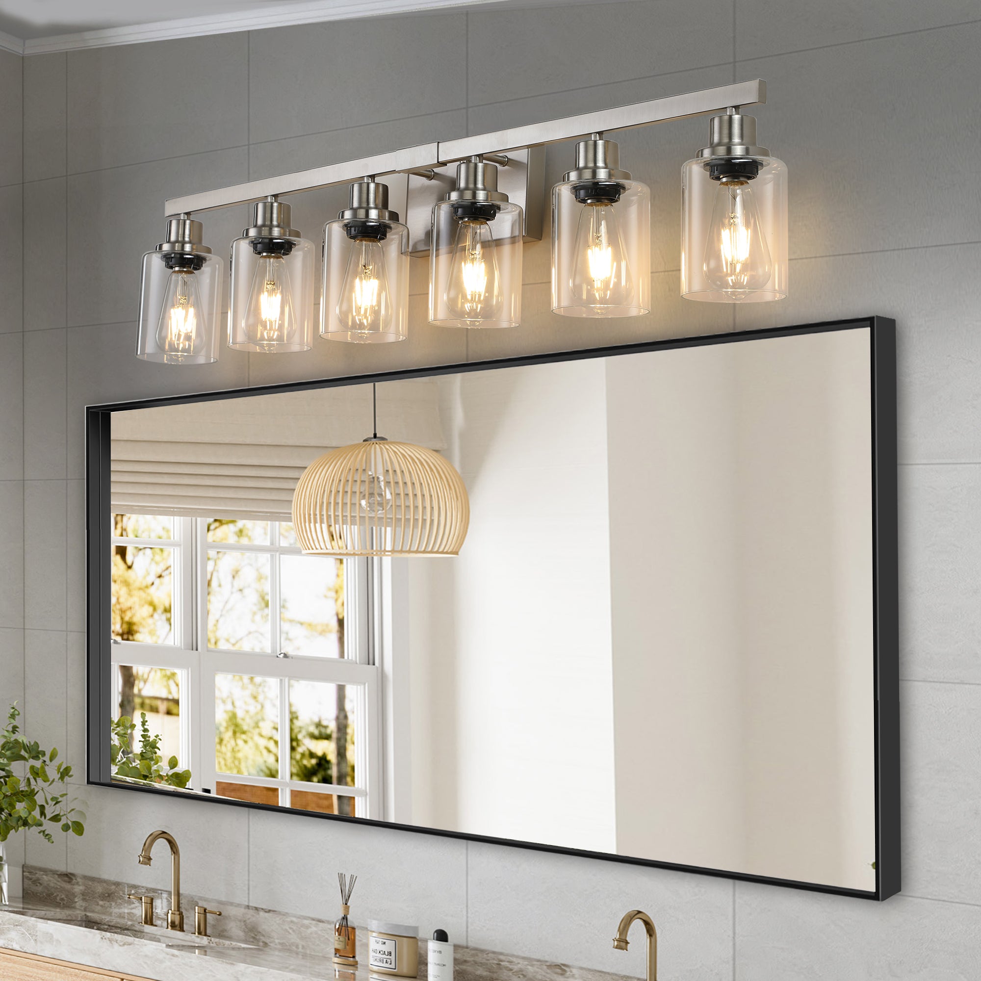 37' Modern 6-Light Bathroom Vanity Light Fixture - Brushed Nickel Finish with Clear Glass Shades, Perfect for Bathroom, Vanity, and Dressing Area Lighting (No Bulbs)