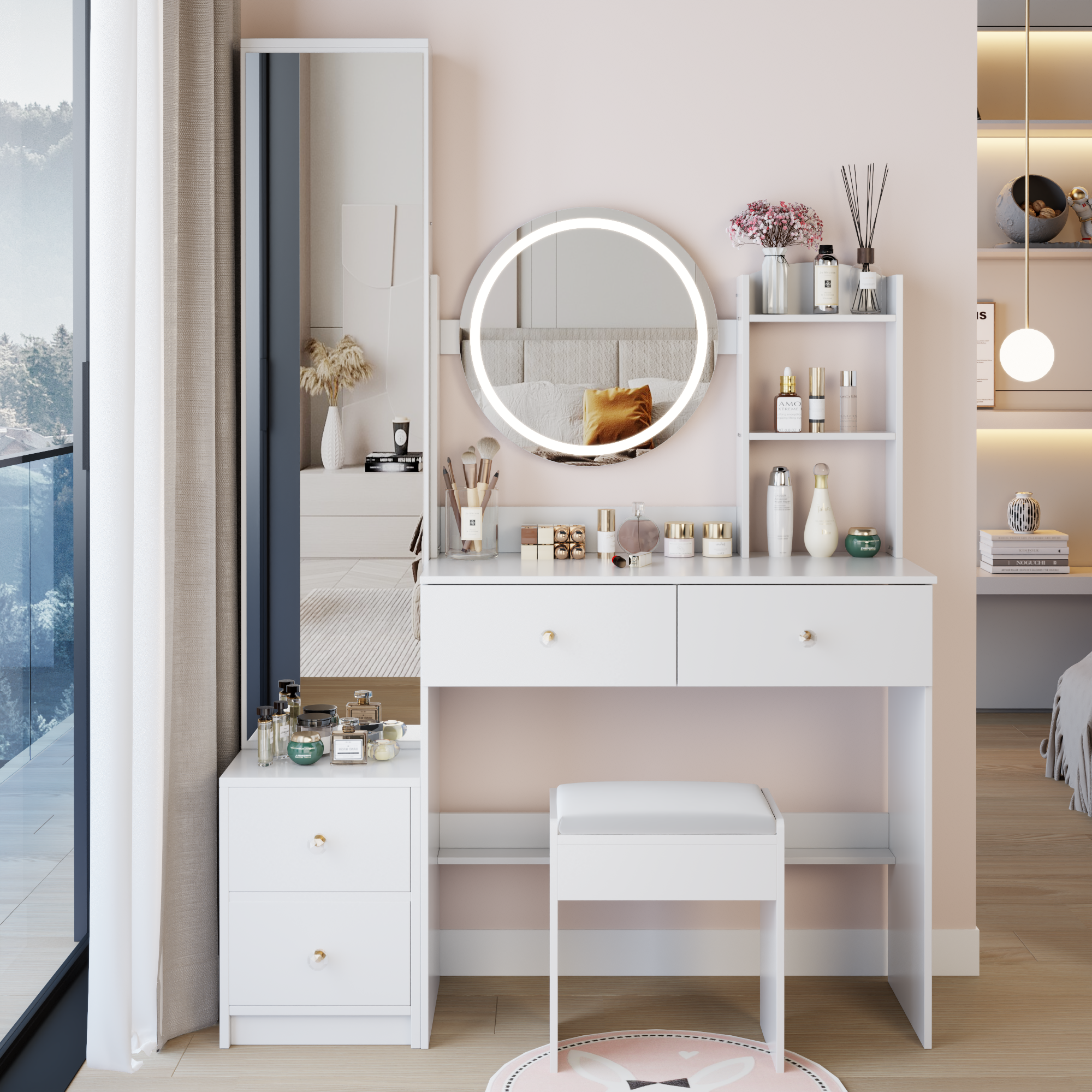 Full Body Mirror Cabinet + Round Mirror LED Vanity Table + Cushioned Stool, 17' diameter LED Mirror, Touch Control, 3-color, Brightness adjustable, Large Desktop, Multi-layer High Capacity Storage