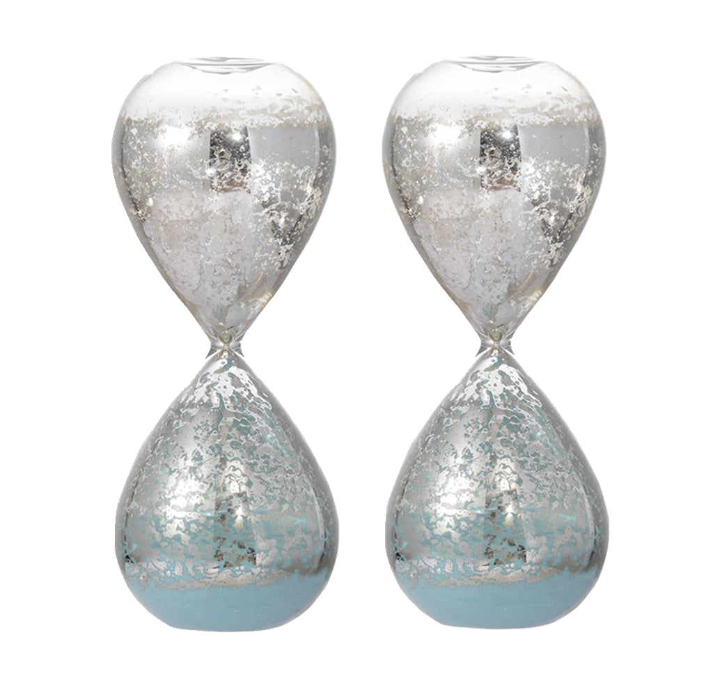 Set of 2, 3.2x3.2x8' Peleus 30-Minute Silvered Hourglass, Jade Sand
