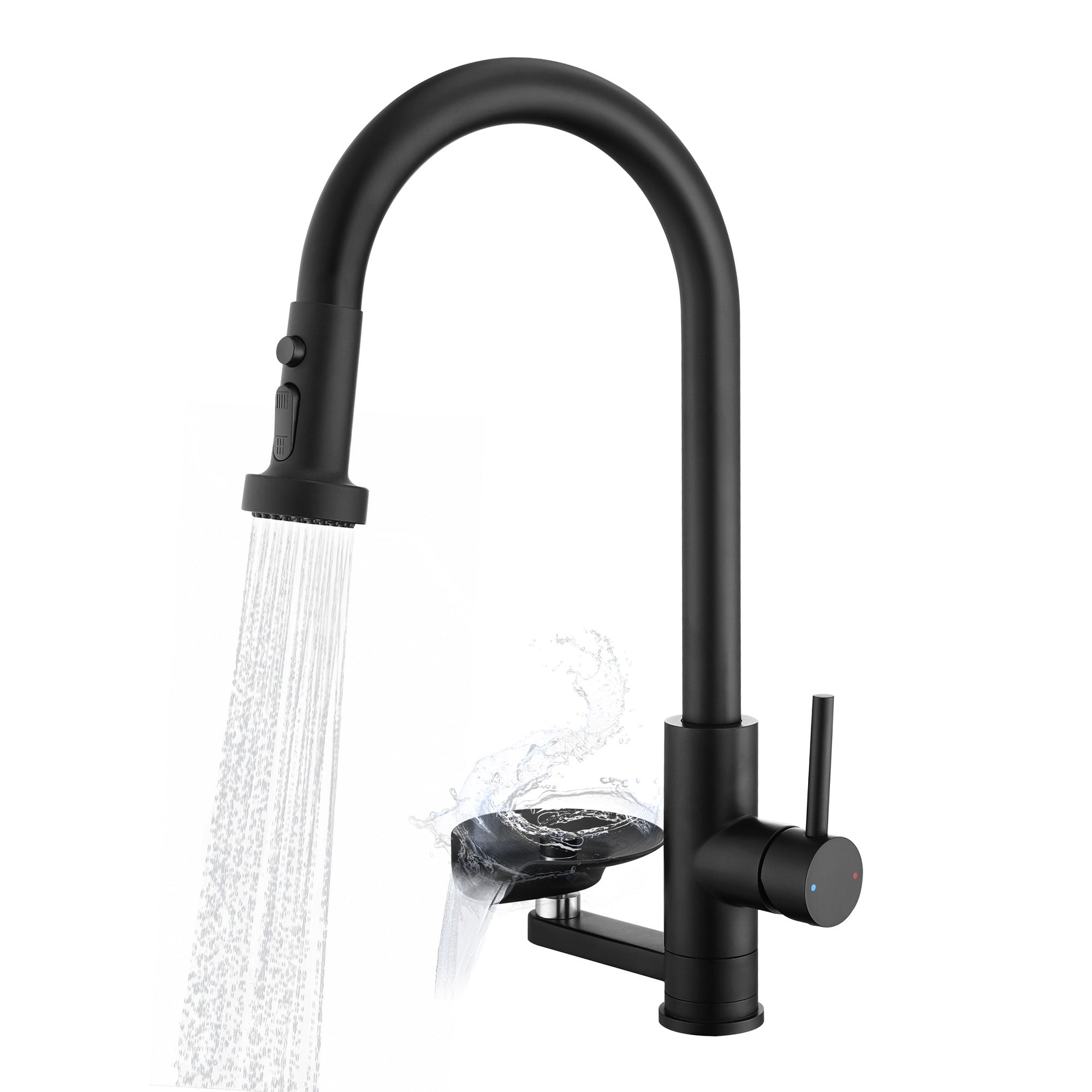 3-in-1 High-Arc Kitchen Faucet with Press-Type Glass Rinser, Pull-Down Sprayer, Matte Black Finish, Stainless Steel & ABS Construction, for Modern Sink