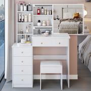 37' Middle Size Left Bedside Cabinet Vanity Table + Cushioned Stool, Extra Large Right sliding mirror, Multi Layer High Capacity Storage, Practical Fashionable Dresser, Suitable For Large Space