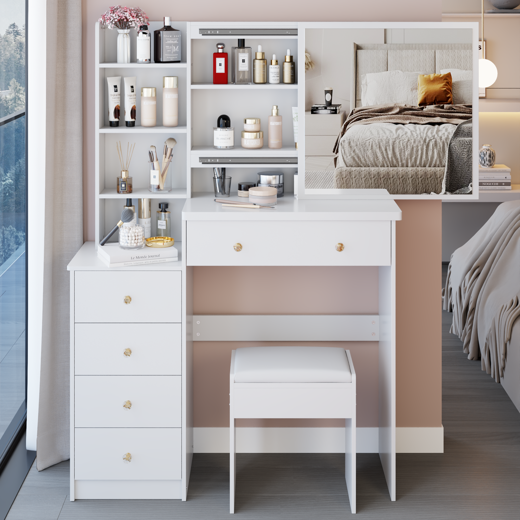 37' Middle Size Left Bedside Cabinet Vanity Table + Cushioned Stool, Extra Large Right sliding mirror, Multi Layer High Capacity Storage, Practical Fashionable Dresser, Suitable For Large Space