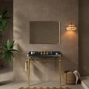VICI 36' Bathroom Console Sink, Wall-Mounted Black Ceramic Vanity Basin with 3 Pre-drilled Faucet Holes, Freestanding Stainless Steel Support Legs with Towel Bar, No Faucet, Gold Color