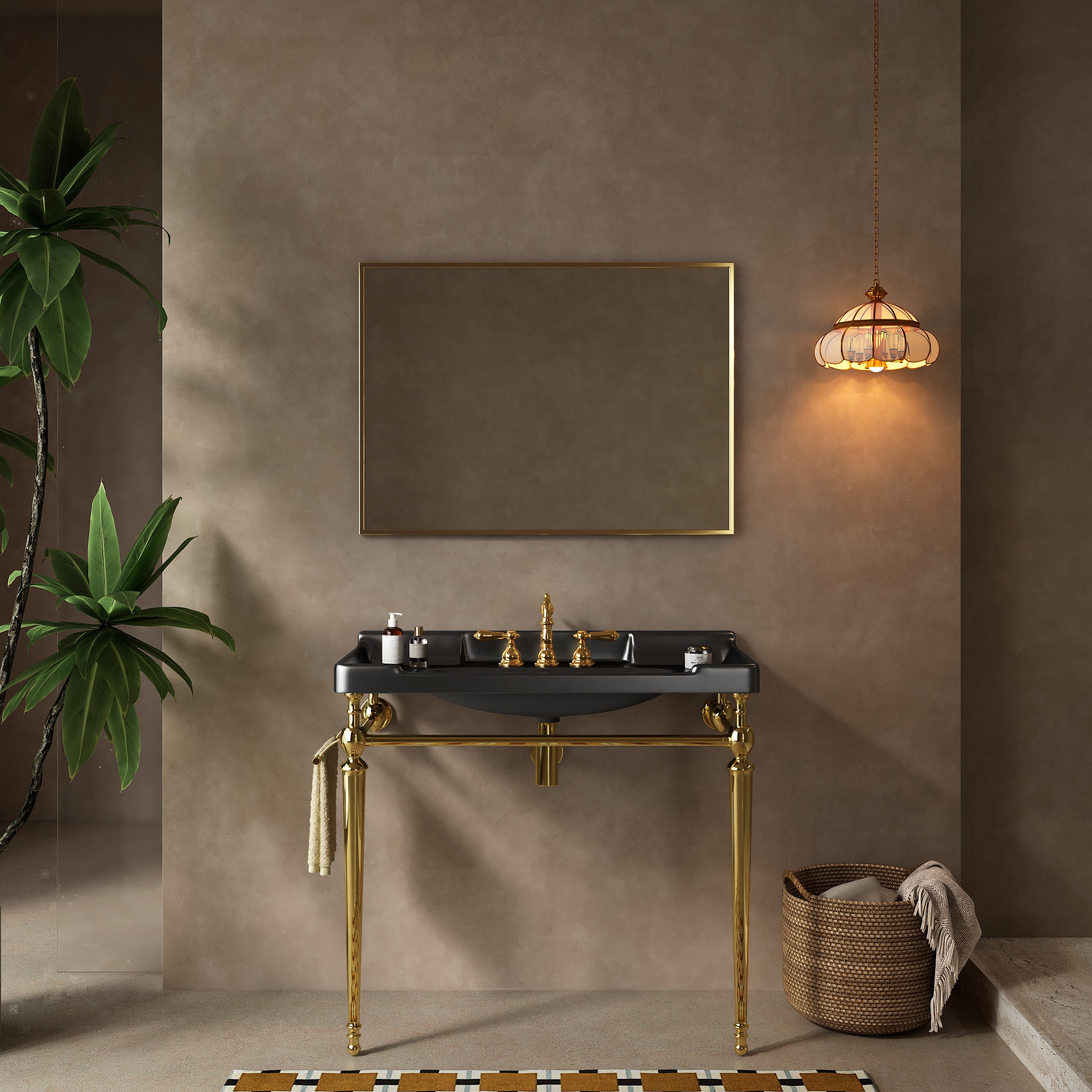VICI 36' Bathroom Console Sink, Wall-Mounted Black Ceramic Vanity Basin with 3 Pre-drilled Faucet Holes, Freestanding Stainless Steel Support Legs with Towel Bar, No Faucet, Gold Color