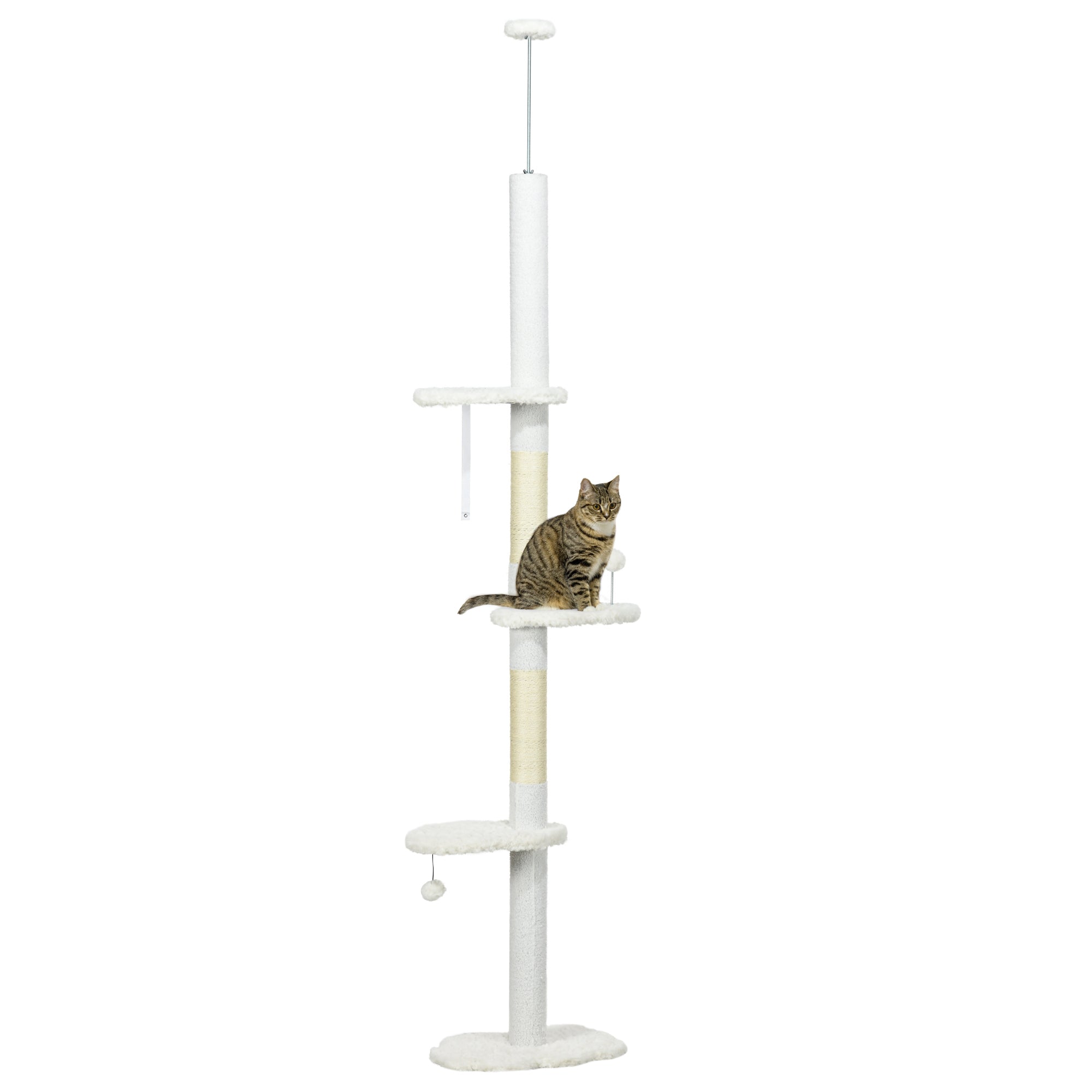 PawHut Floor to Ceiling Cat Tree with Scratching Posts, 88.5'-100.5' Adjustable Height, Cat Climbing Tower with Cloud Shape Platforms, Toy Balls, Anti-toppling Device, White