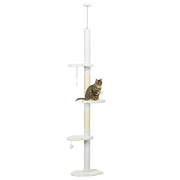PawHut Floor to Ceiling Cat Tree with Scratching Posts, 88.5'-100.5' Adjustable Height, Cat Climbing Tower with Cloud Shape Platforms, Toy Balls, Anti-toppling Device, White