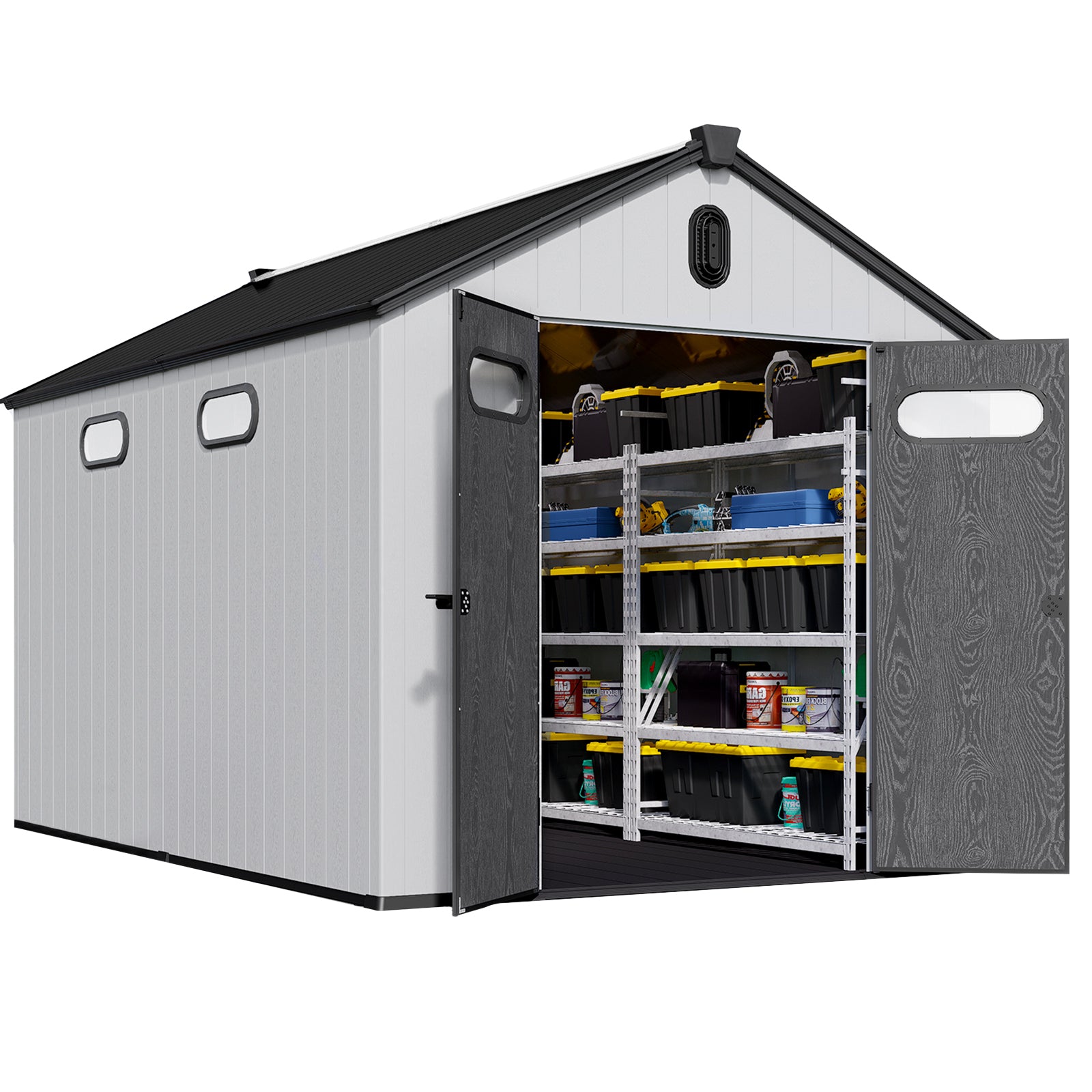 8 ft. W x 12 ft. D Plastic Storage Shed with Floor in Black and Gray, Metal and Polypropylene, 138.5 x 90.7 x 95 inches