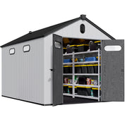 8 ft. W x 12 ft. D Plastic Storage Shed with Floor in Black and Gray, Metal and Polypropylene, 138.5 x 90.7 x 95 inches